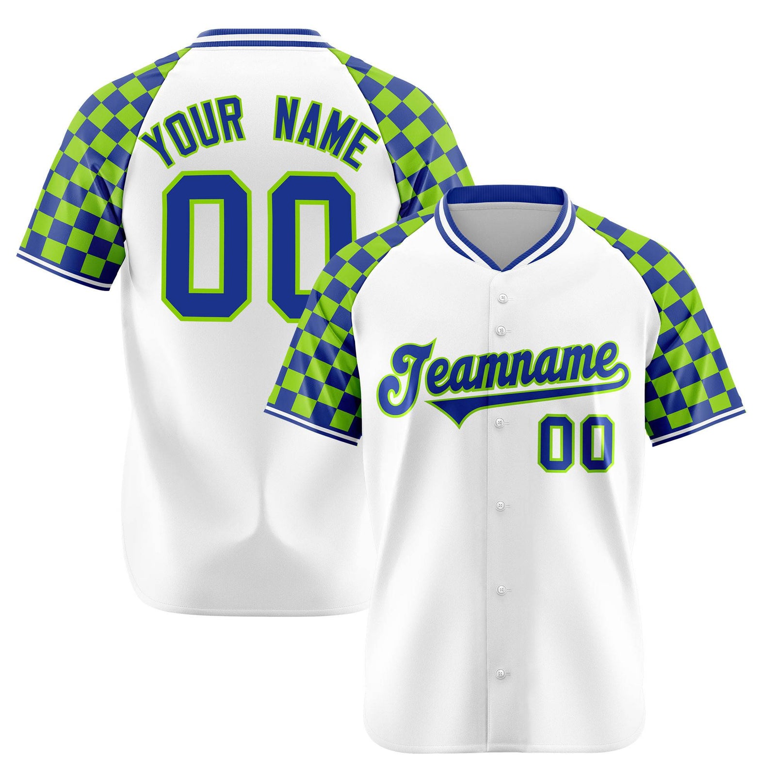 Custom White Neon Green-Royal Blue Authentic Plaid sleeve Baseball Jersey