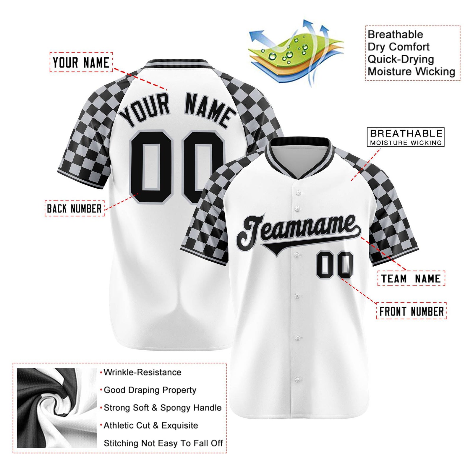 Custom White Gray-Black Authentic Plaid sleeve Baseball Jersey