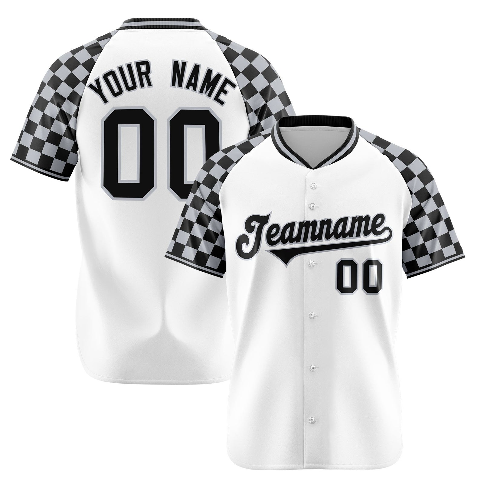 Custom White Gray-Black Authentic Plaid sleeve Baseball Jersey