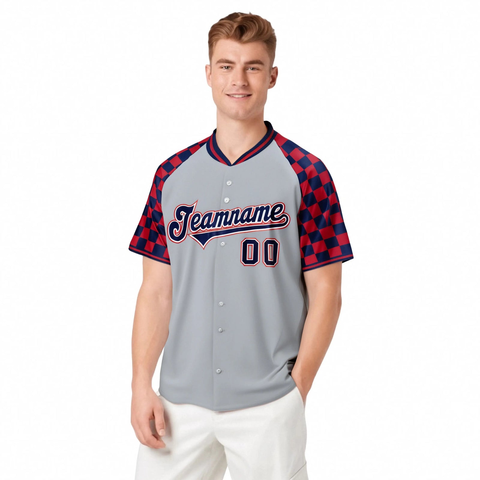 Custom Gray Navy-Red Authentic Plaid Sleeve Baseball Jersey