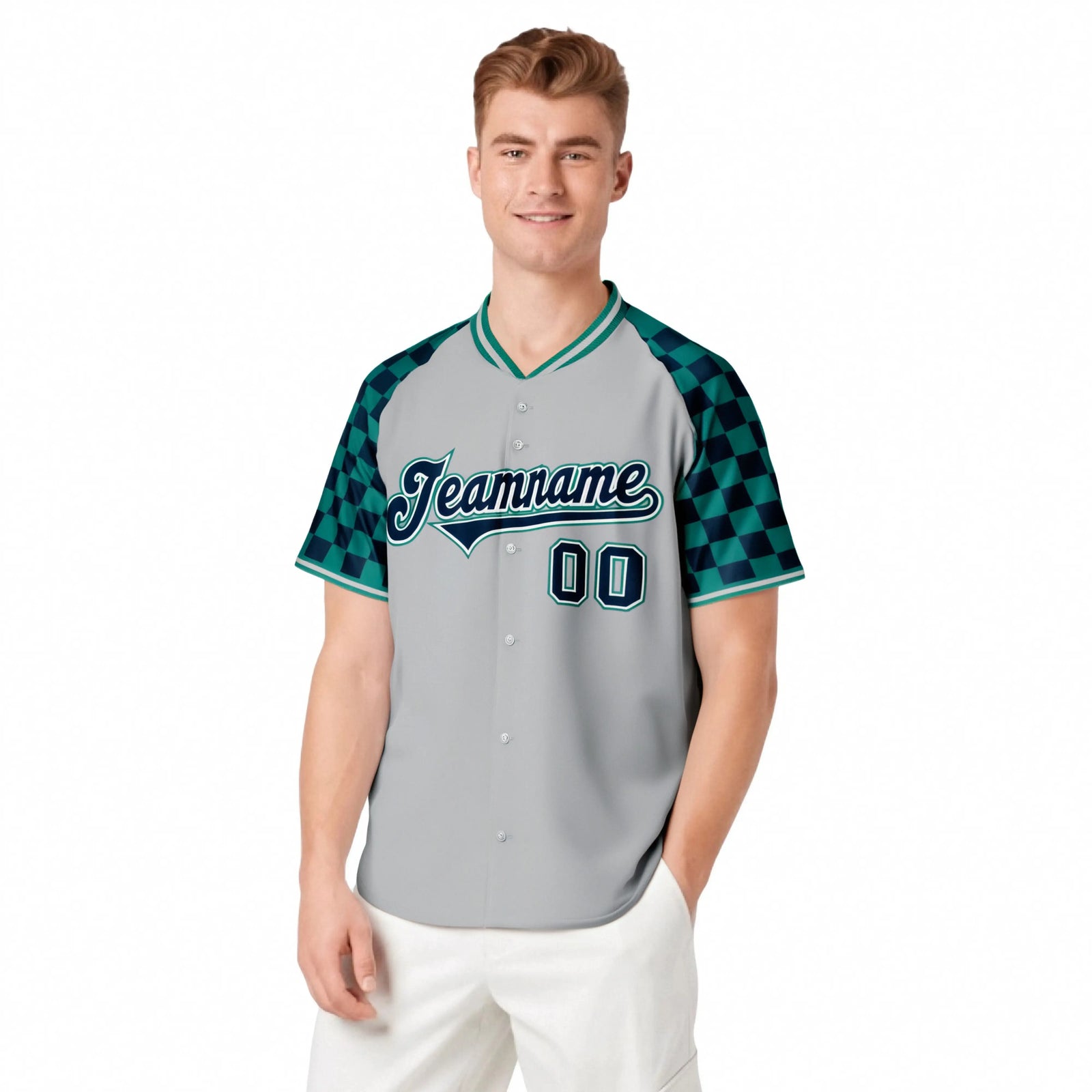 Camiseta de béisbol personalizada con mangas a cuadros, color gris, azul marino y aguamarina