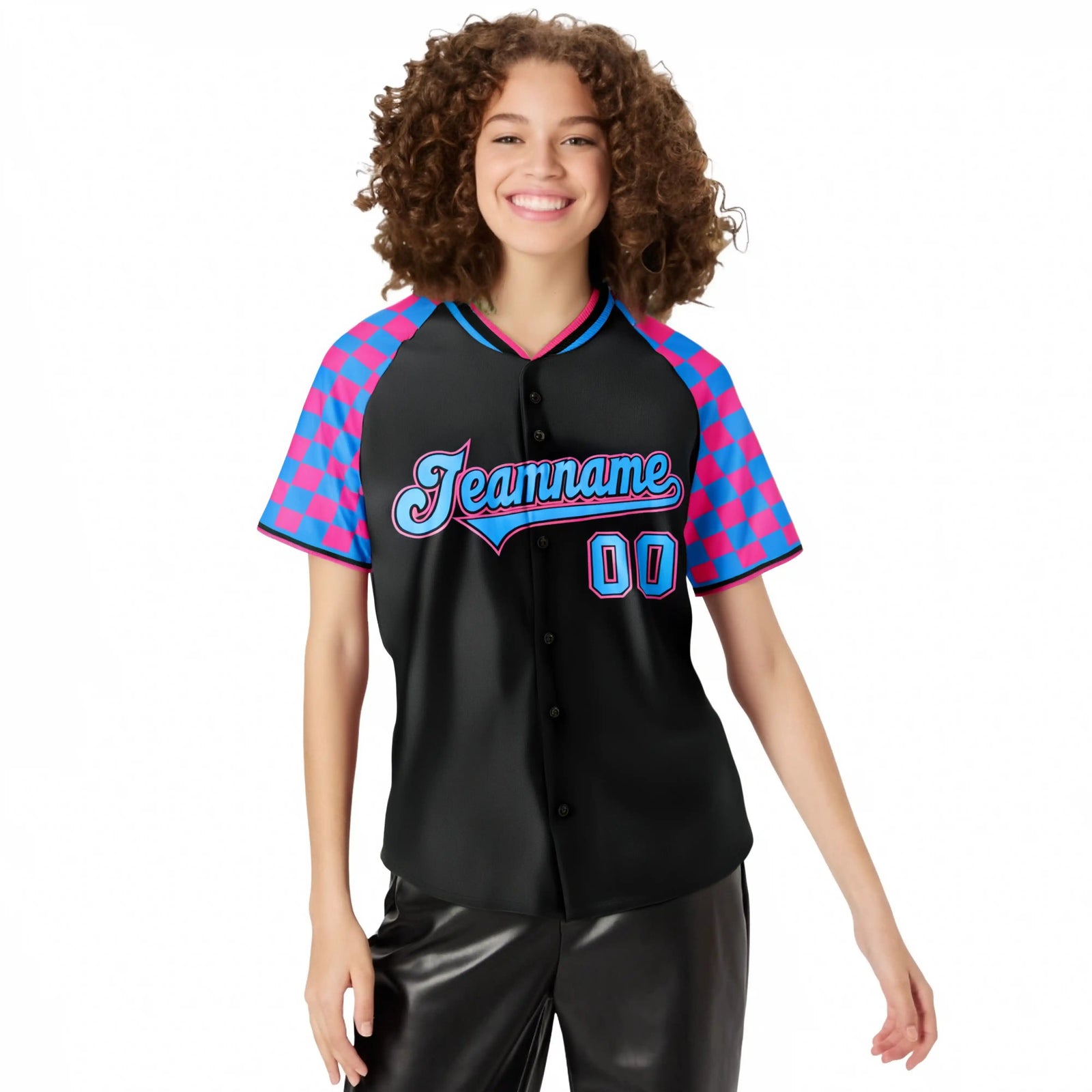 Custom Black Pink-Powder Blue Authentic Plaid Sleeve Baseball Jersey