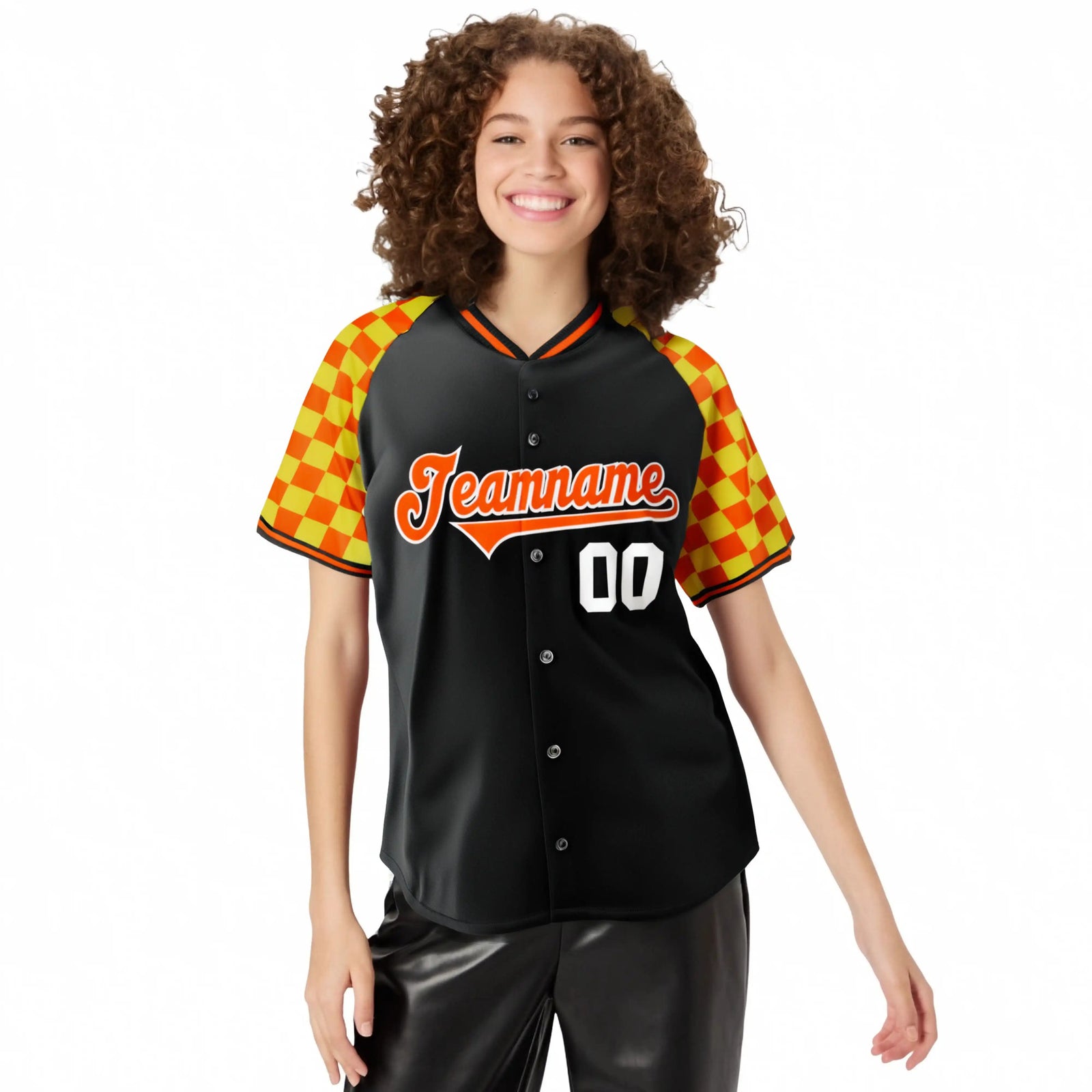 Custom Black Orange-Gold Authentic Plaid Sleeve Baseball Jersey