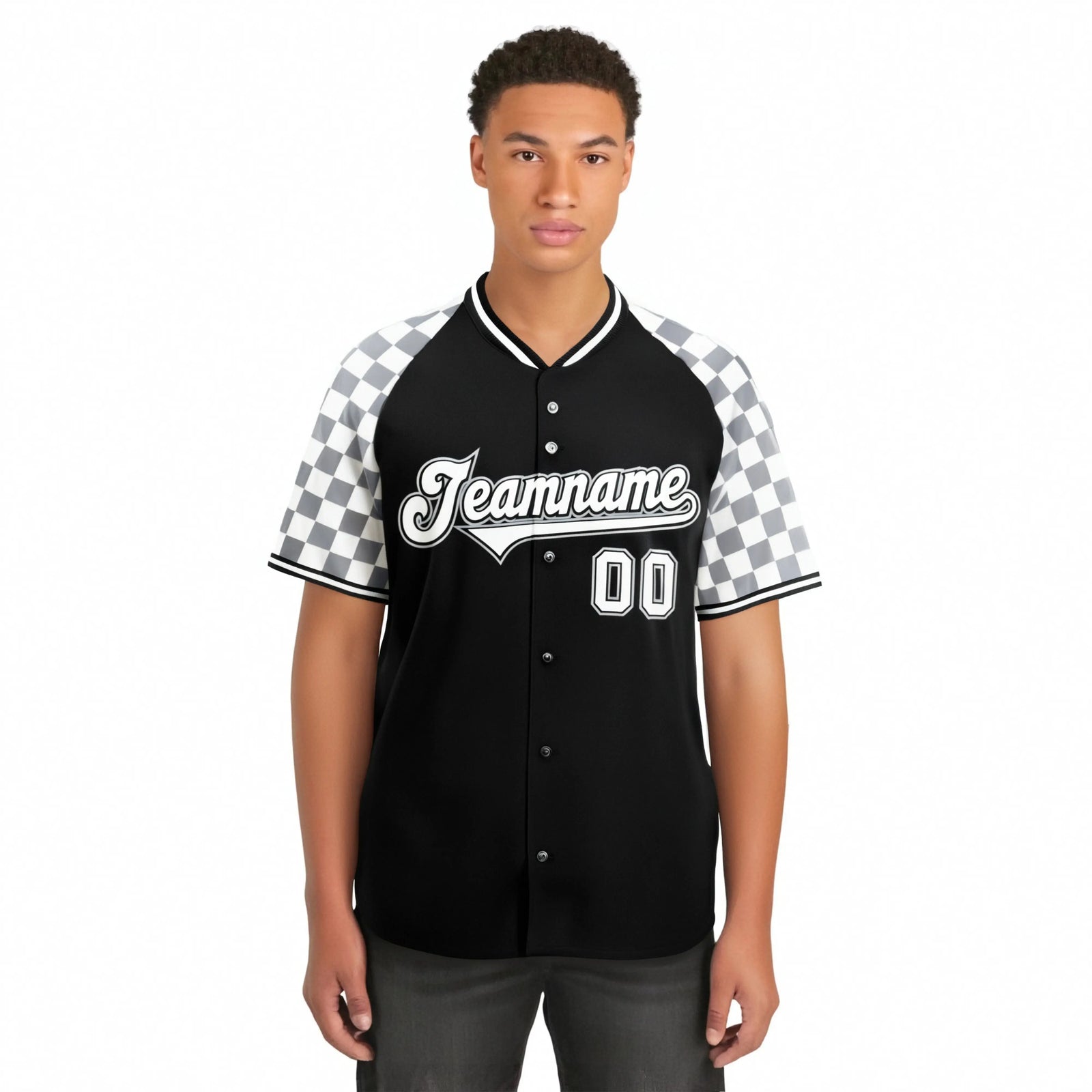 Custom Black Gray-White Authentic Plaid Sleeve Baseball Jersey
