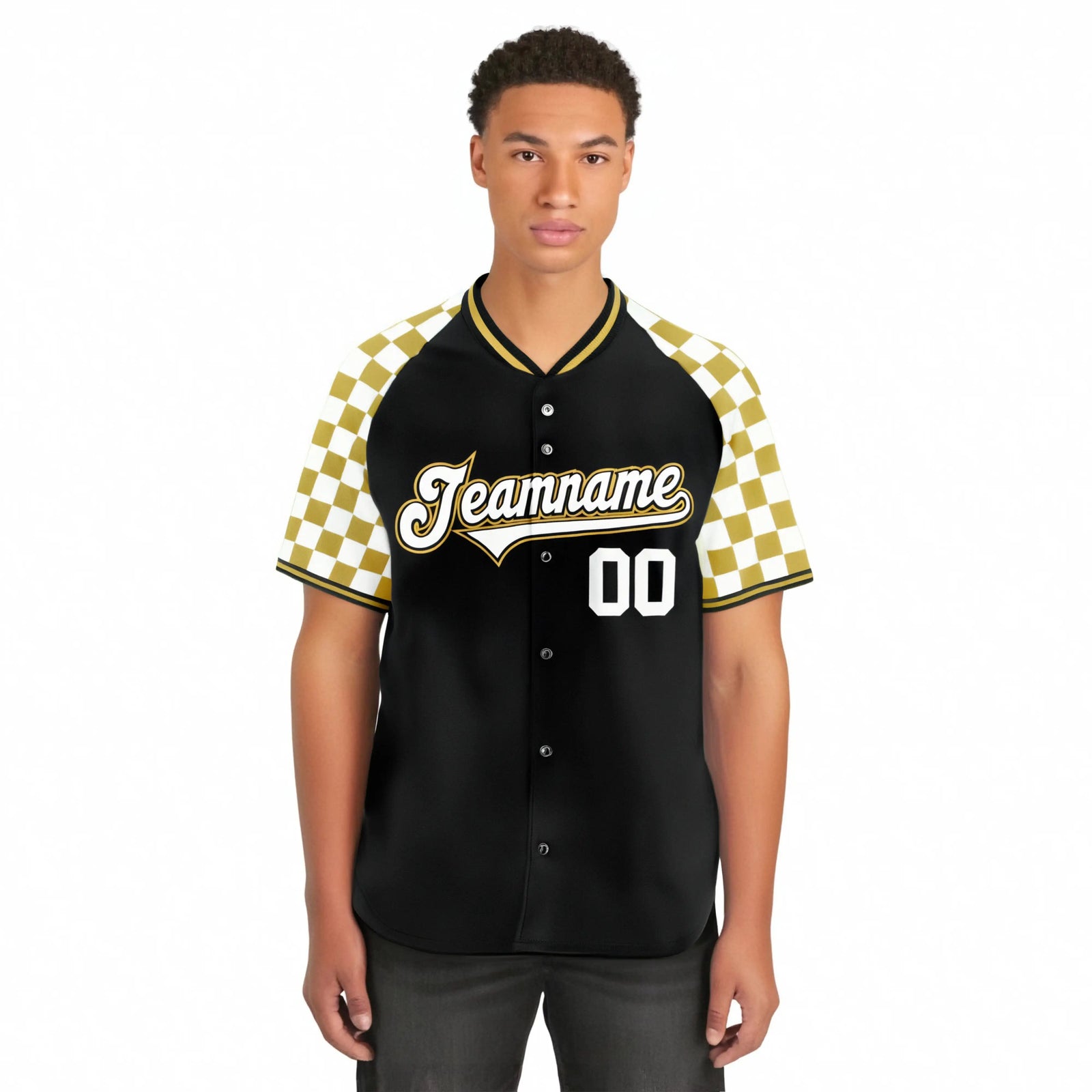 Custom Black Old Gold-White Authentic Plaid Sleeve Baseball Jersey