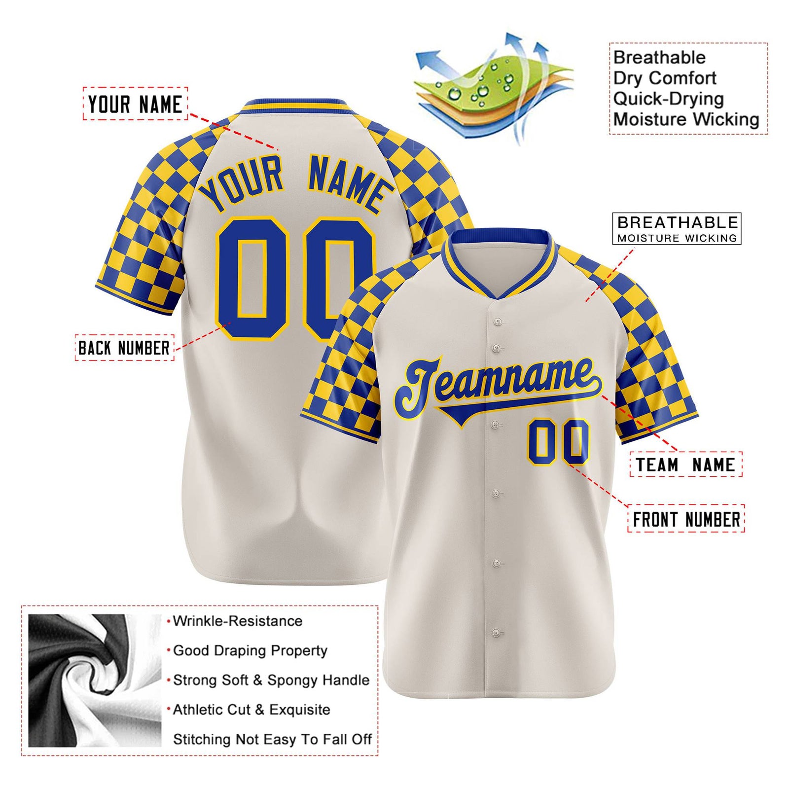 Custom Khaki Royal Blue-Gold Authentic Plaid Sleeve Baseball Jersey