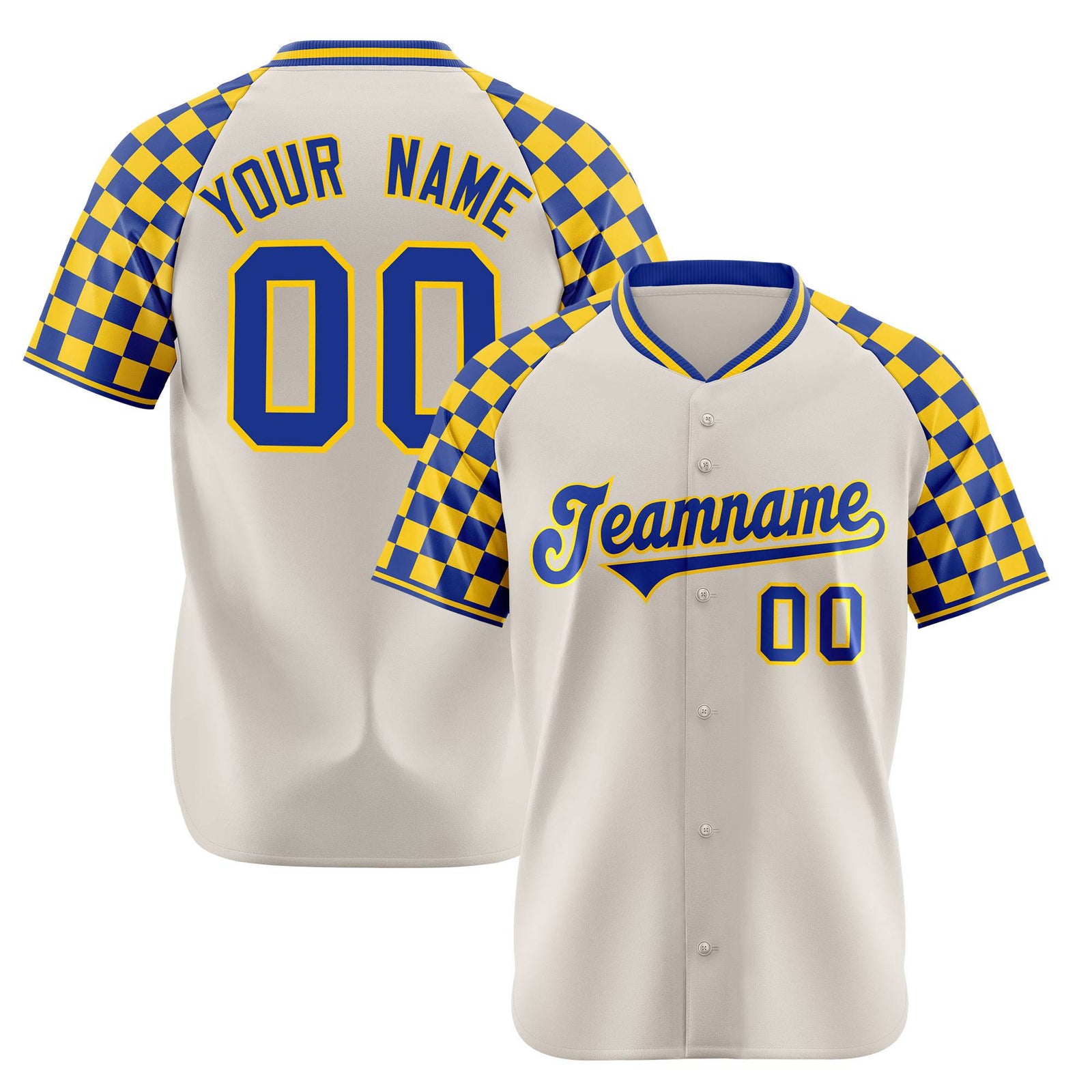 Custom Khaki Royal Blue-Gold Authentic Plaid Sleeve Baseball Jersey
