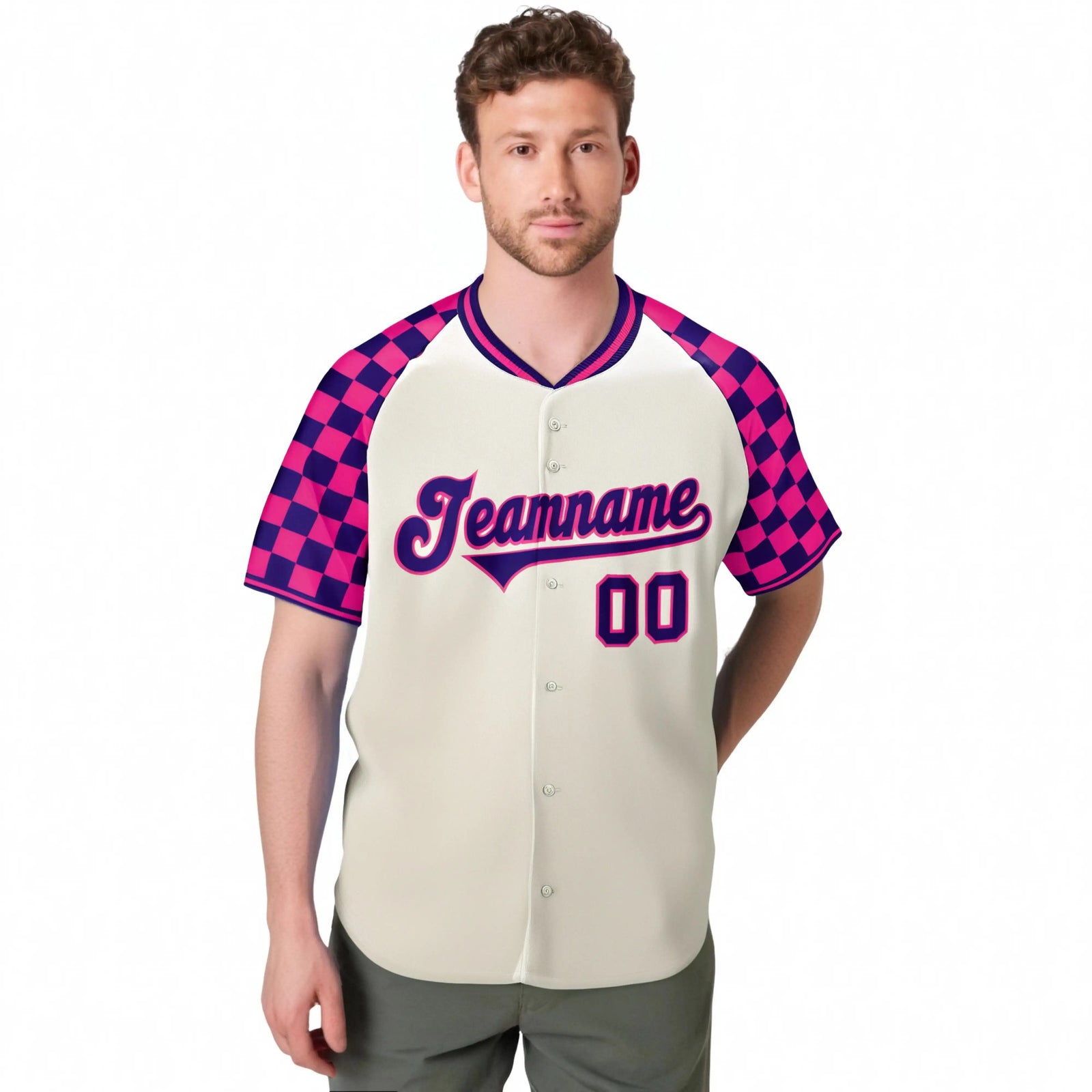 Custom Khaki Purple-Pink Authentic Plaid Sleeve Baseball Jersey