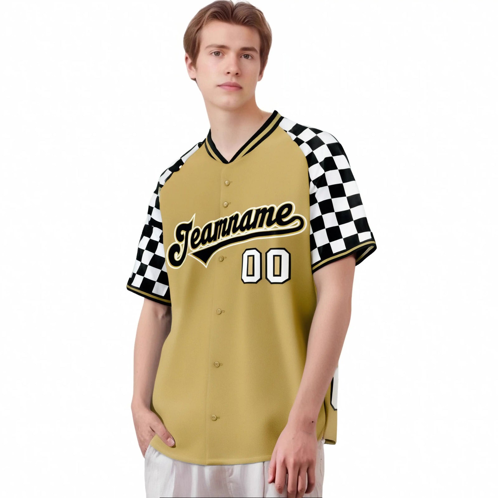 Custom Old Gold Black-White Authentic Plaid Sleeve Baseball Jersey