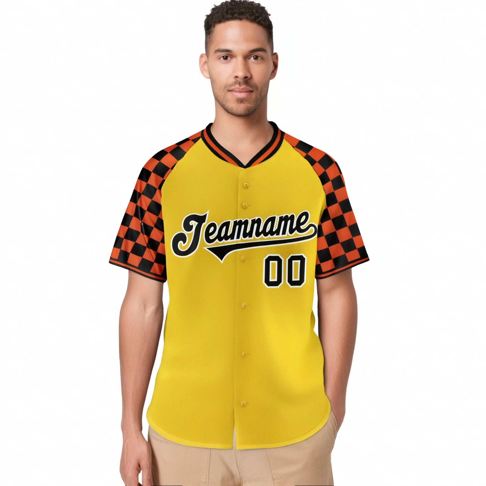 Custom Gold Black-Orange Authentic Plaid Sleeve Baseball Jersey