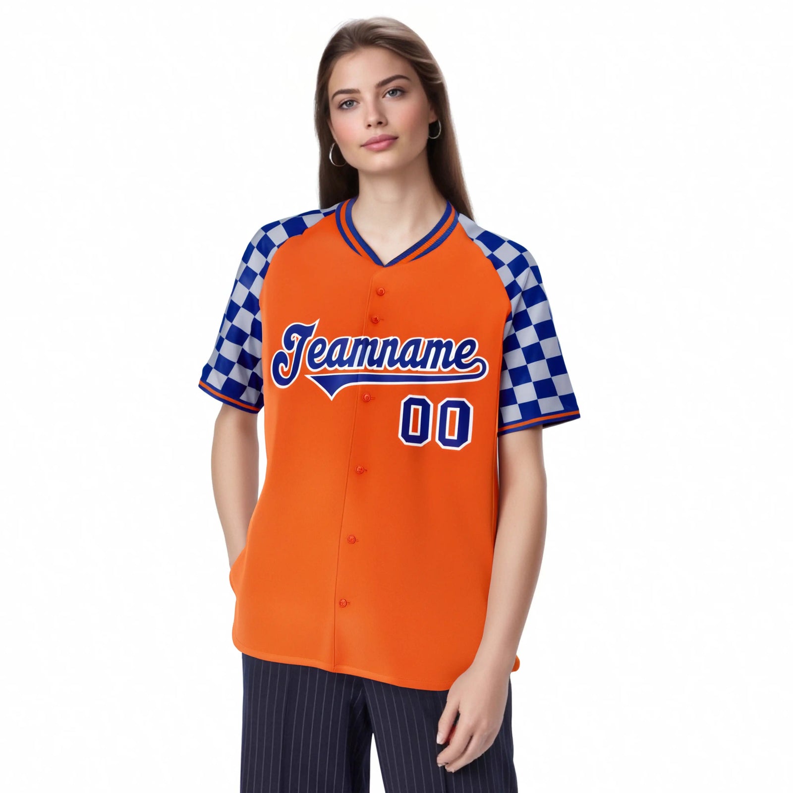 Custom Orange Royal Blue-Gray Authentic Plaid Sleeve Baseball Jersey