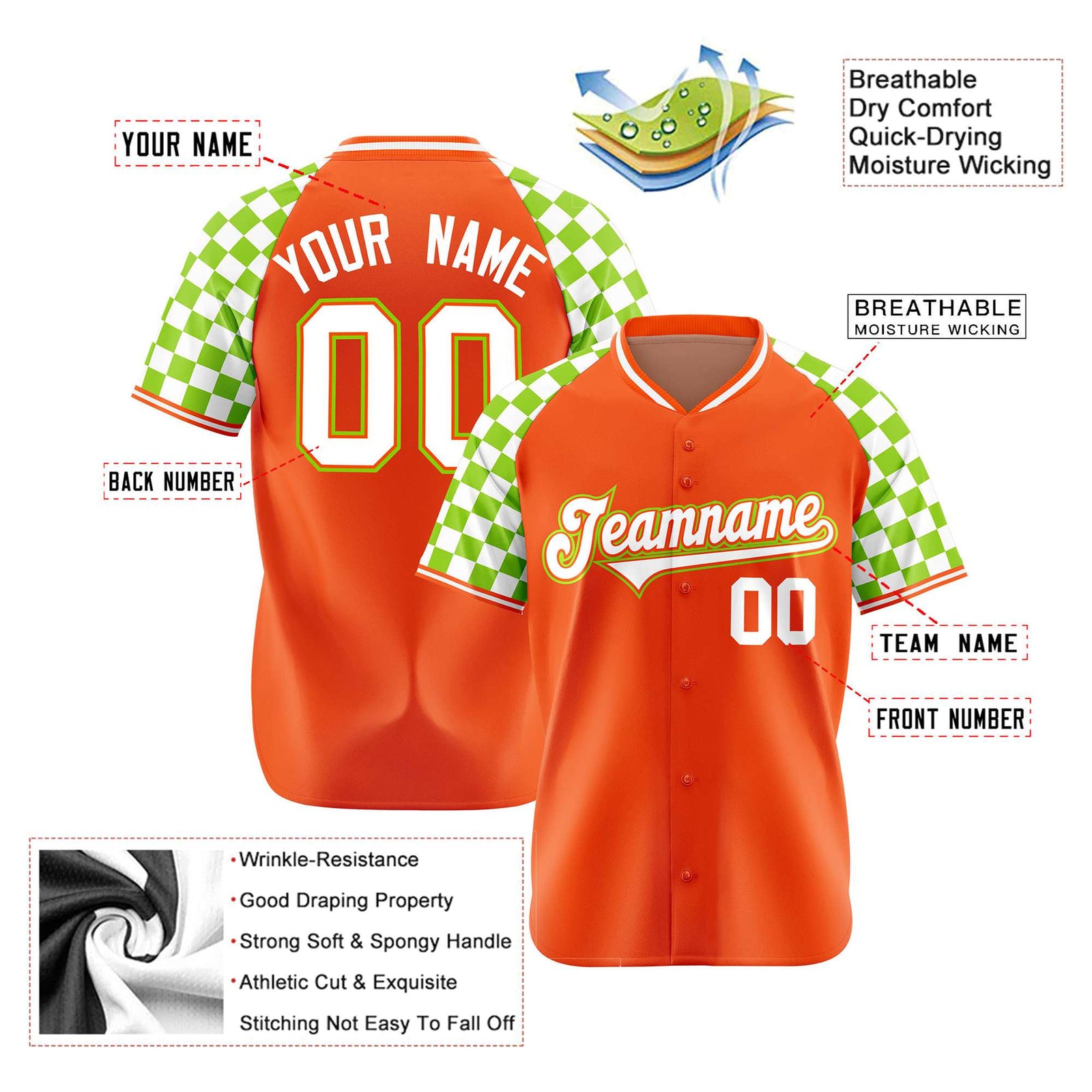 Custom Orange White-Neon Green Authentic Plaid Sleeve Baseball Jersey