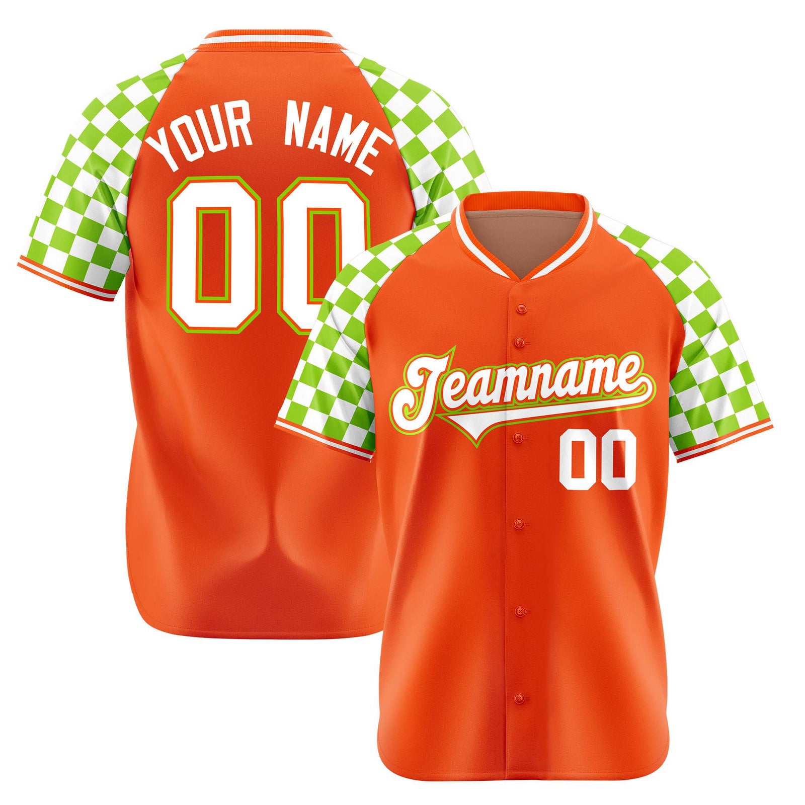 Custom Orange White-Neon Green Authentic Plaid Sleeve Baseball Jersey