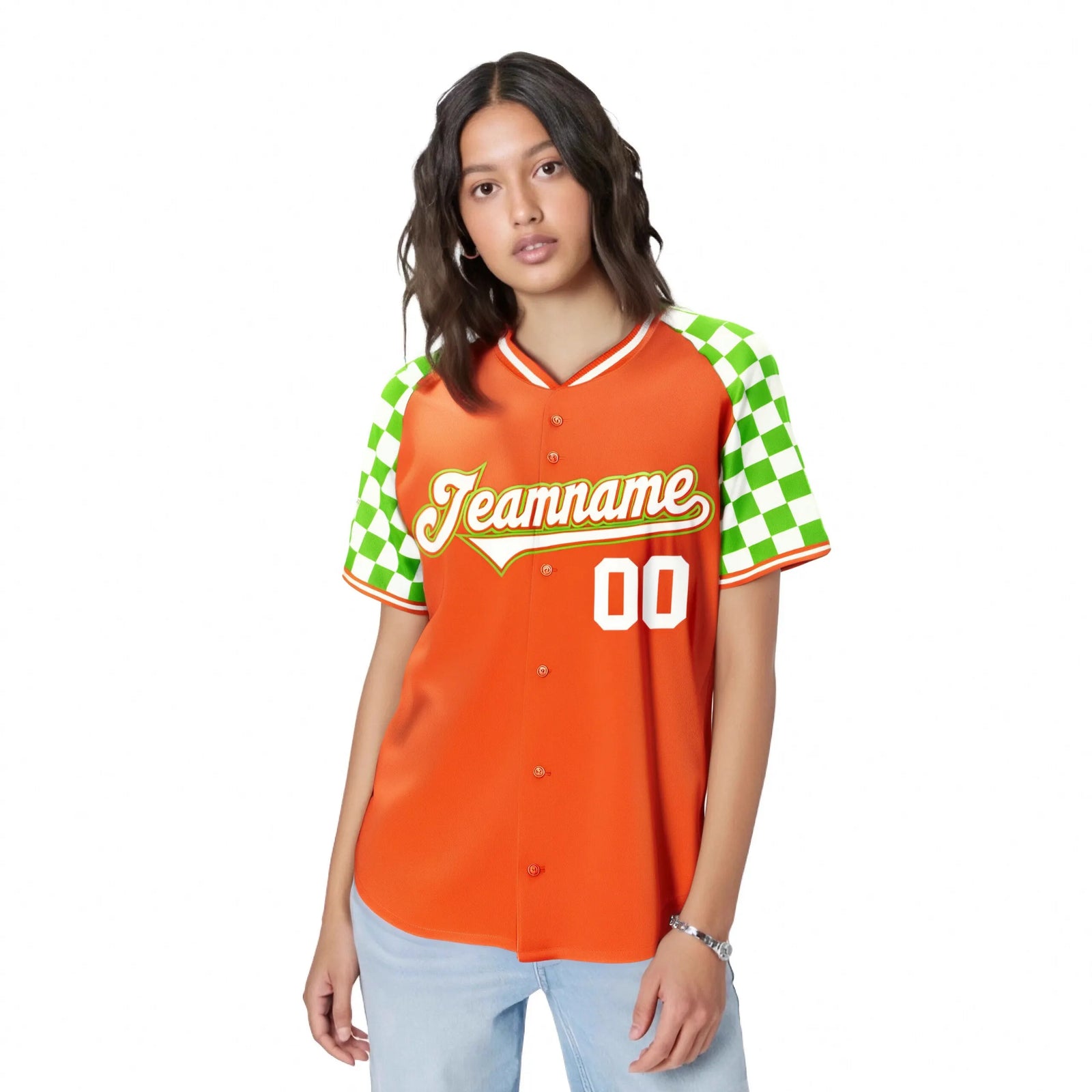 Custom Orange White-Neon Green Authentic Plaid Sleeve Baseball Jersey