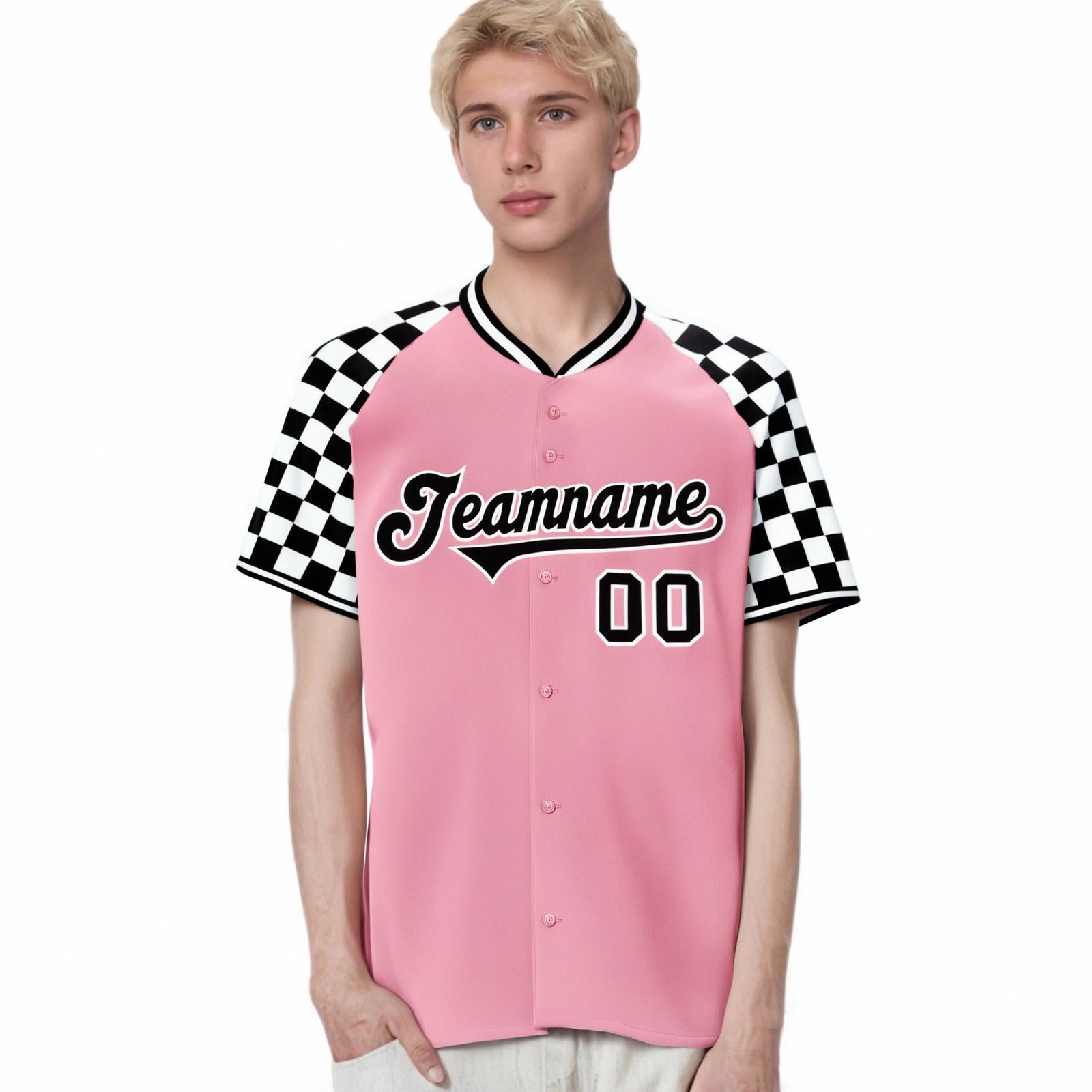 Custom Light Pink Black-White Authentic Plaid Sleeve Baseball Jersey