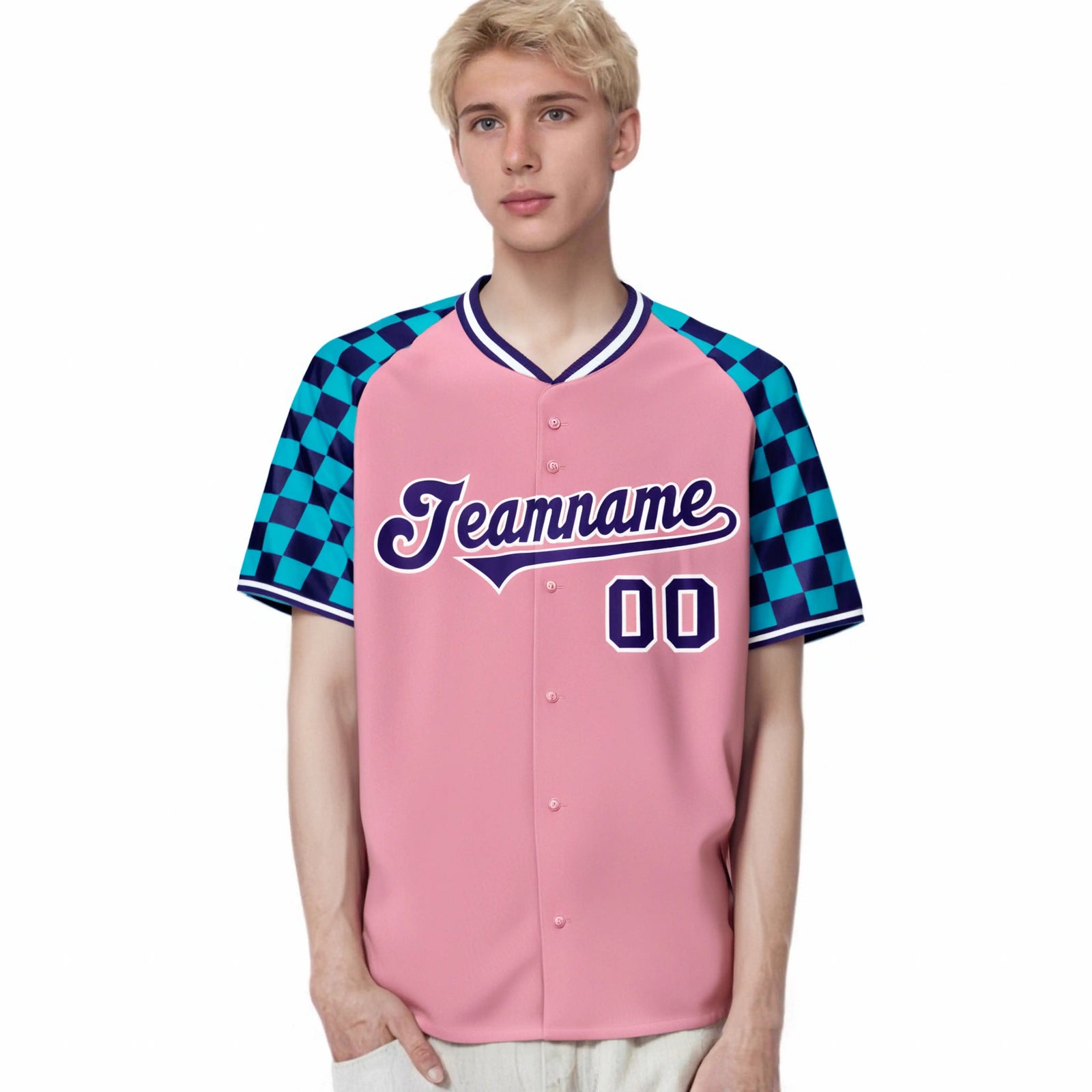 Custom Light Pink Purple-Sky Blue Authentic Plaid Sleeve Baseball Jersey