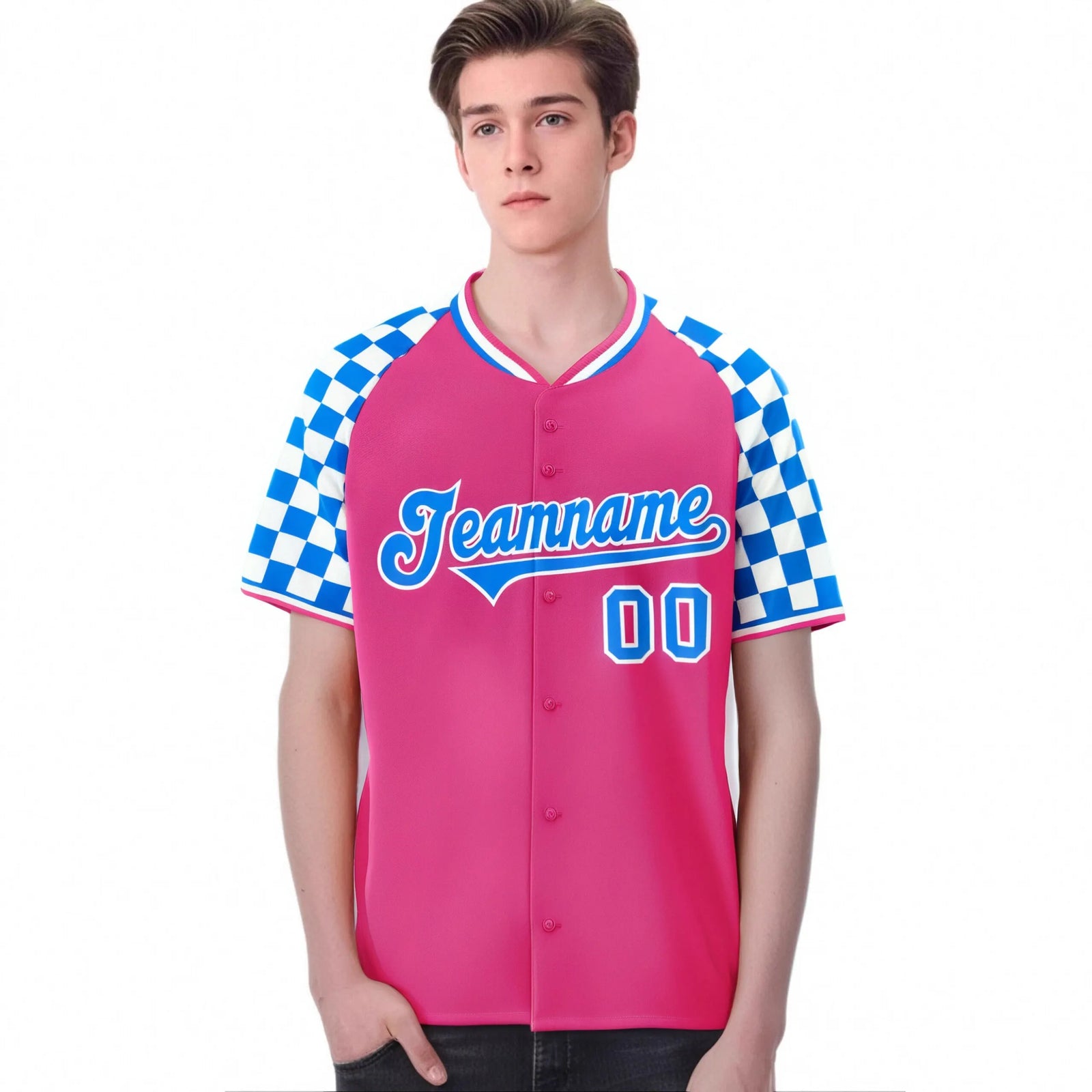 Custom Pink Powder Blue-White Authentic Plaid Sleeve Baseball Jersey