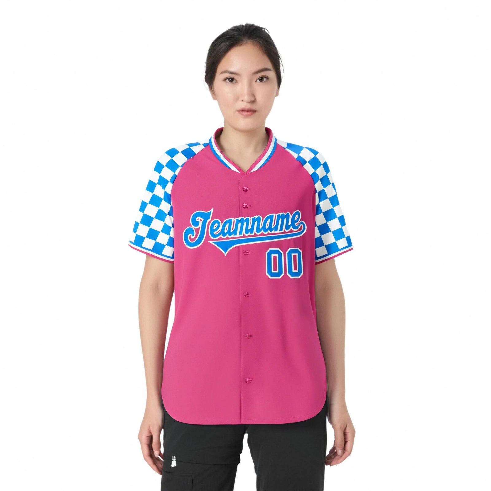 Custom Pink Powder Blue-White Authentic Plaid Sleeve Baseball Jersey