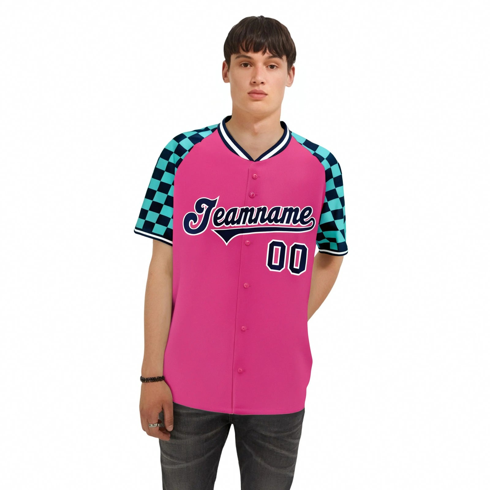 Custom Pink Navy-Bright Green Authentic Plaid Sleeve Baseball Jersey