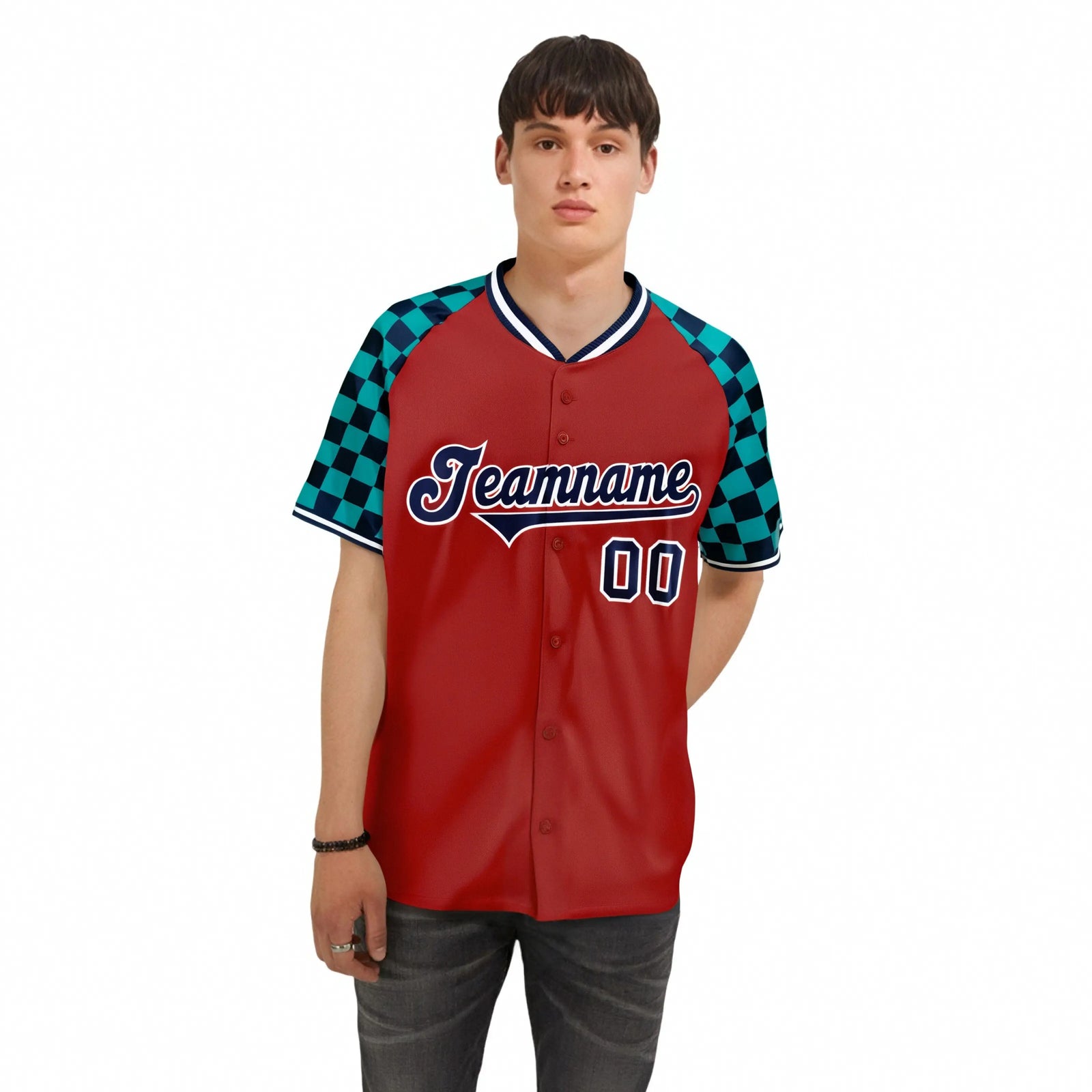 Custom Red Navy-Aqua Authentic Plaid Sleeve Baseball Jersey