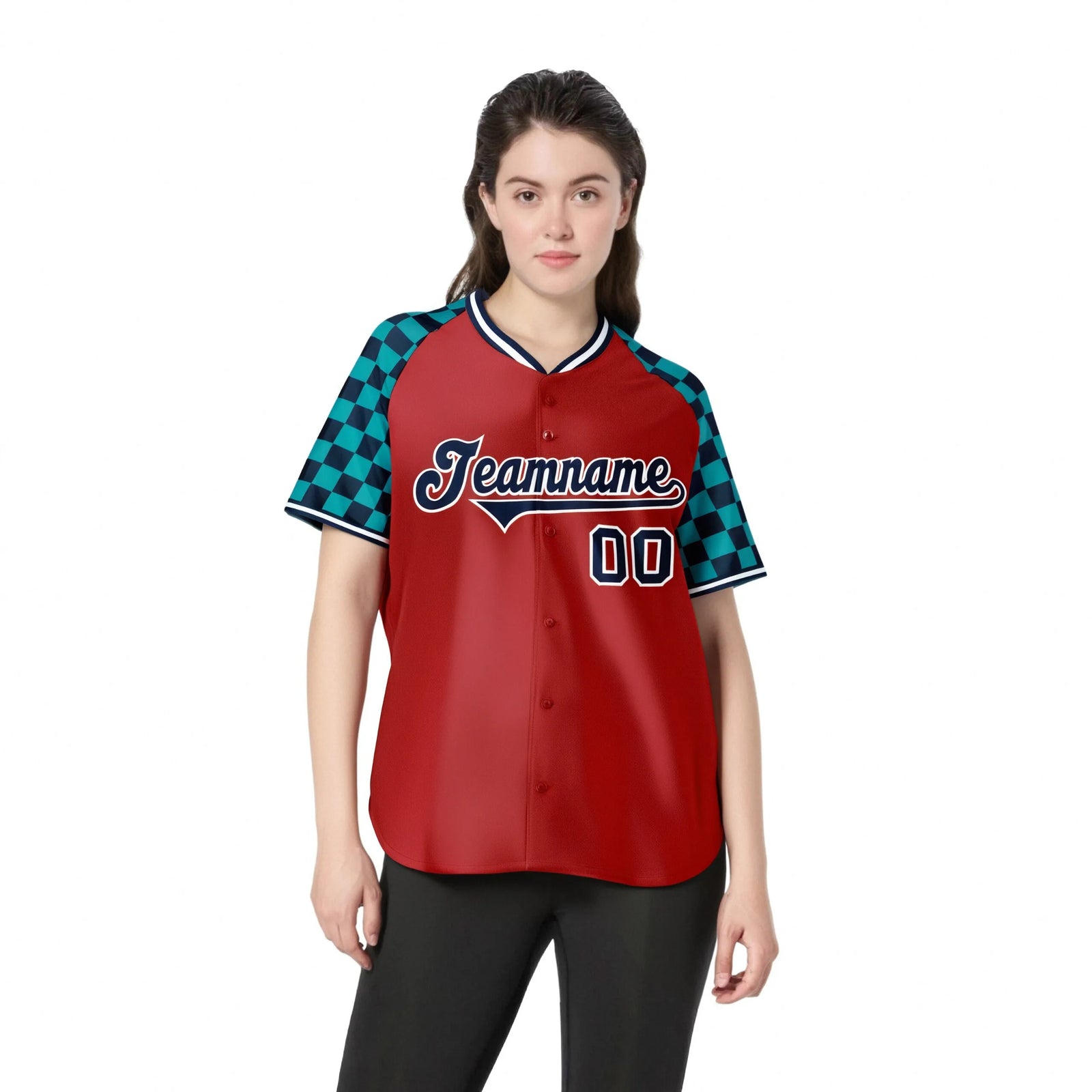 Custom Red Navy-Aqua Authentic Plaid Sleeve Baseball Jersey