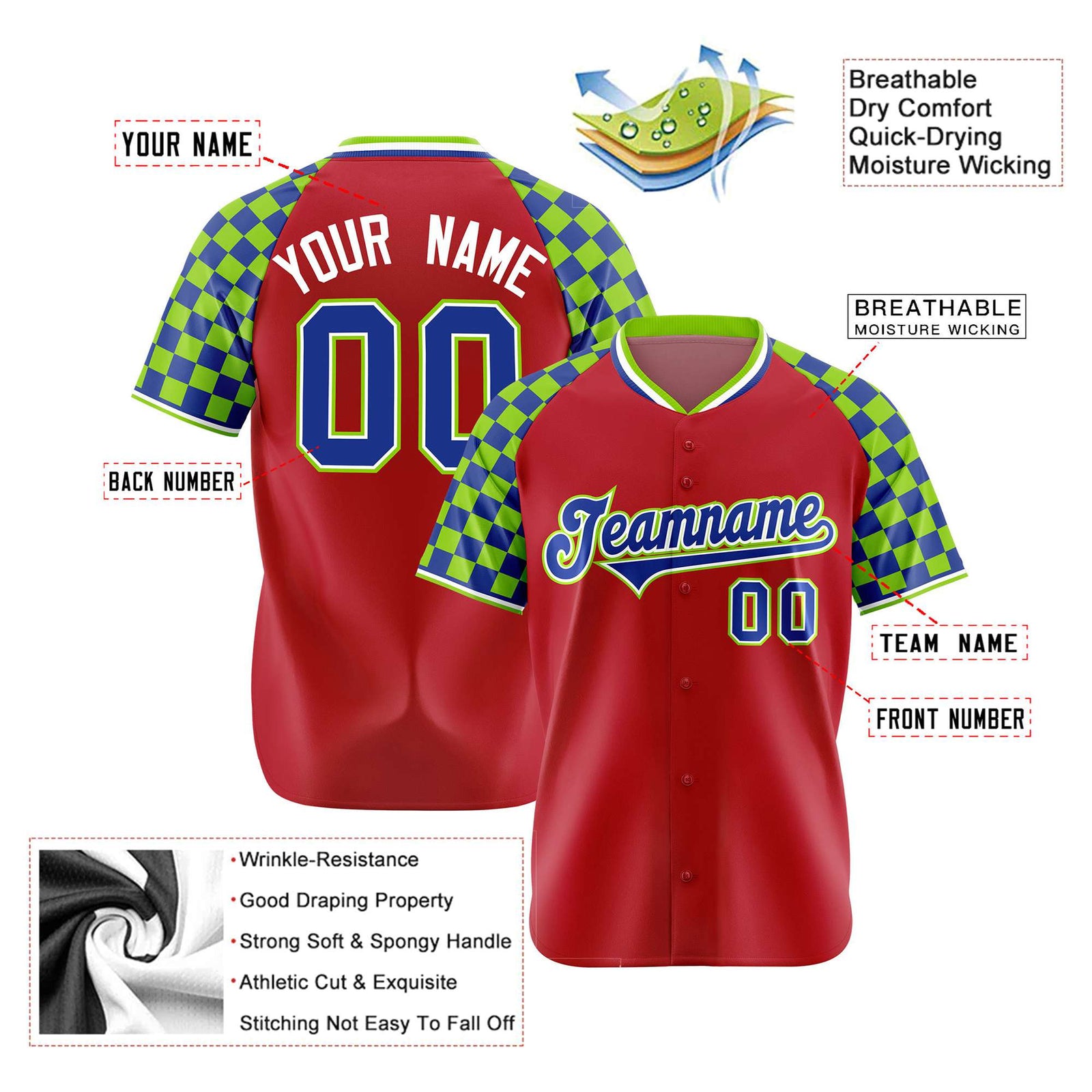 Custom Red Royal Blue-Neon Green Authentic Plaid Sleeve Baseball Jersey