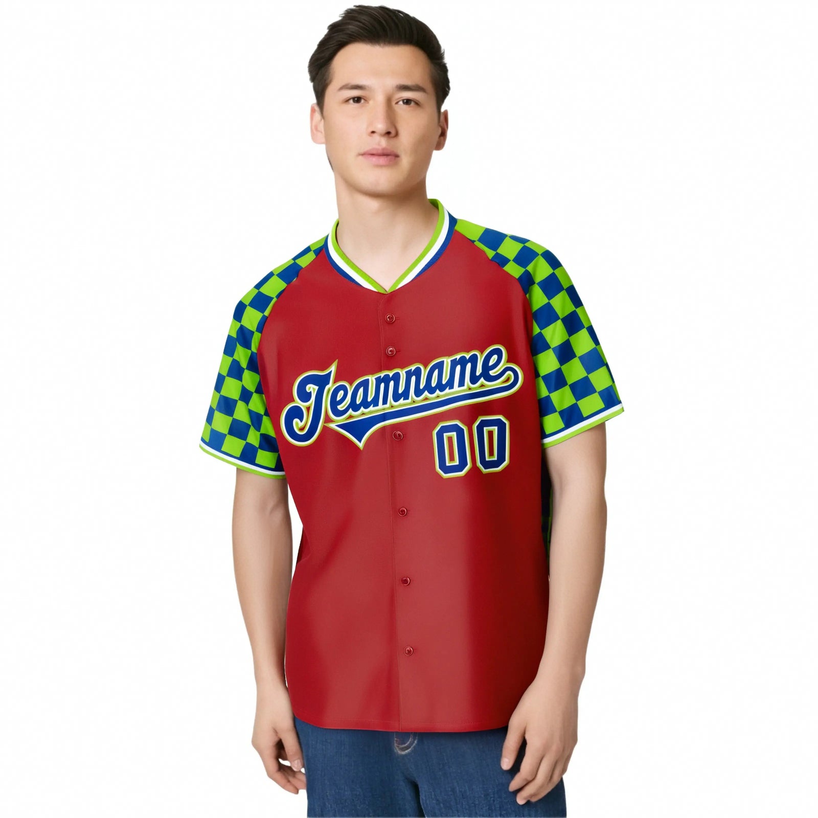 Camiseta de béisbol personalizada con mangas a cuadros, color rojo, azul rey y verde neón.