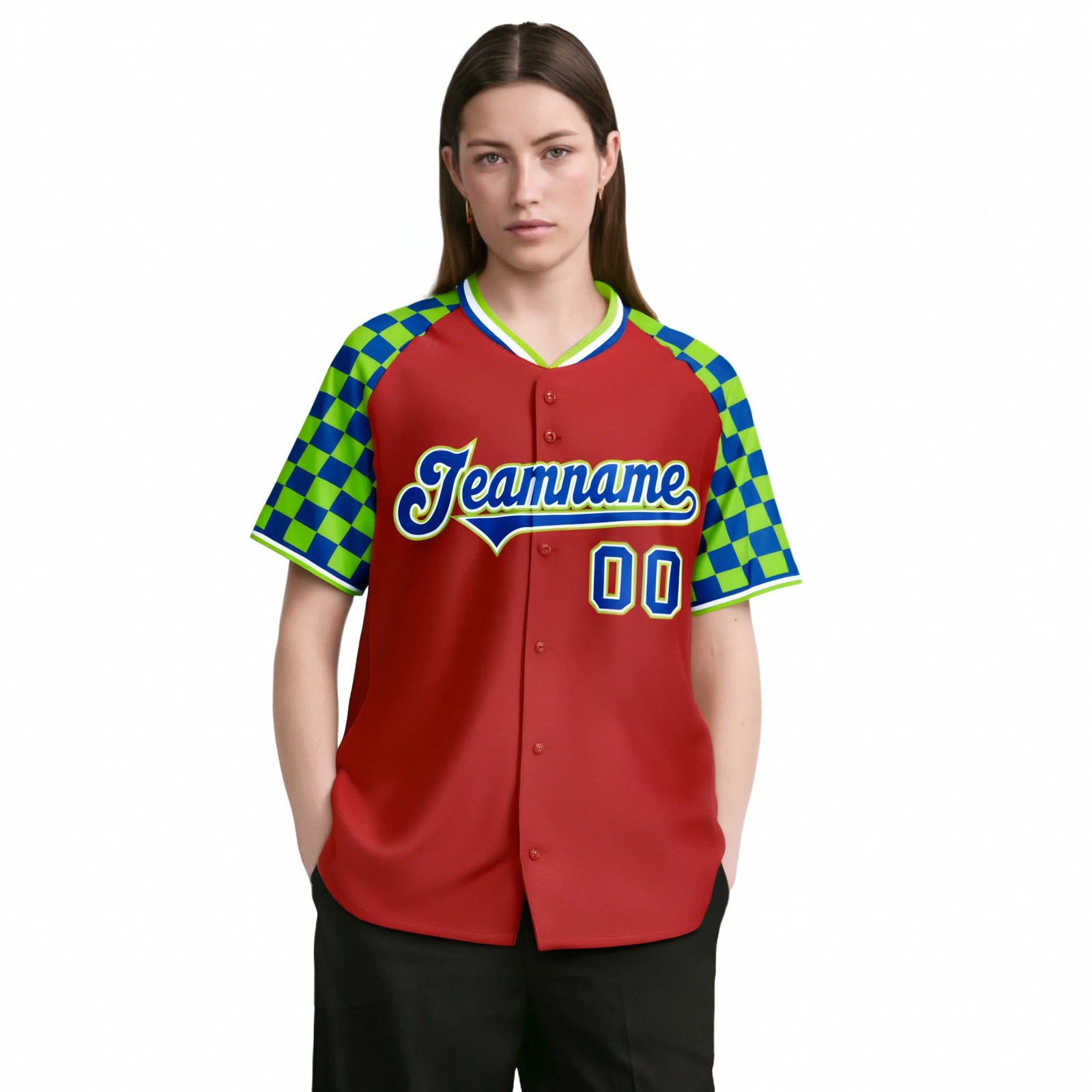 Custom Red Royal Blue-Neon Green Authentic Plaid Sleeve Baseball Jersey