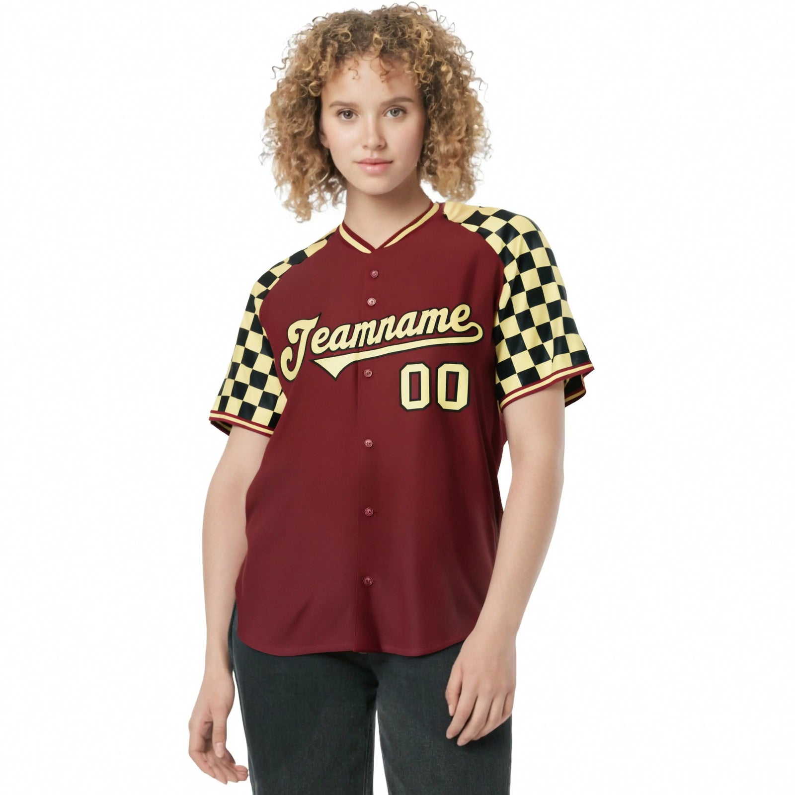 Custom Crimson Khaki-Black Authentic Plaid Sleeve Baseball Jersey