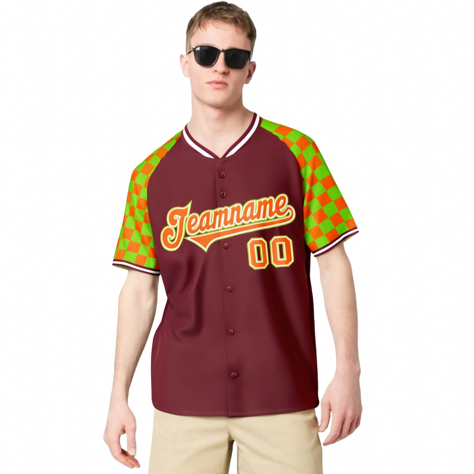 Custom Crimson Orange-Neon Green Authentic Plaid Sleeve Baseball Jersey