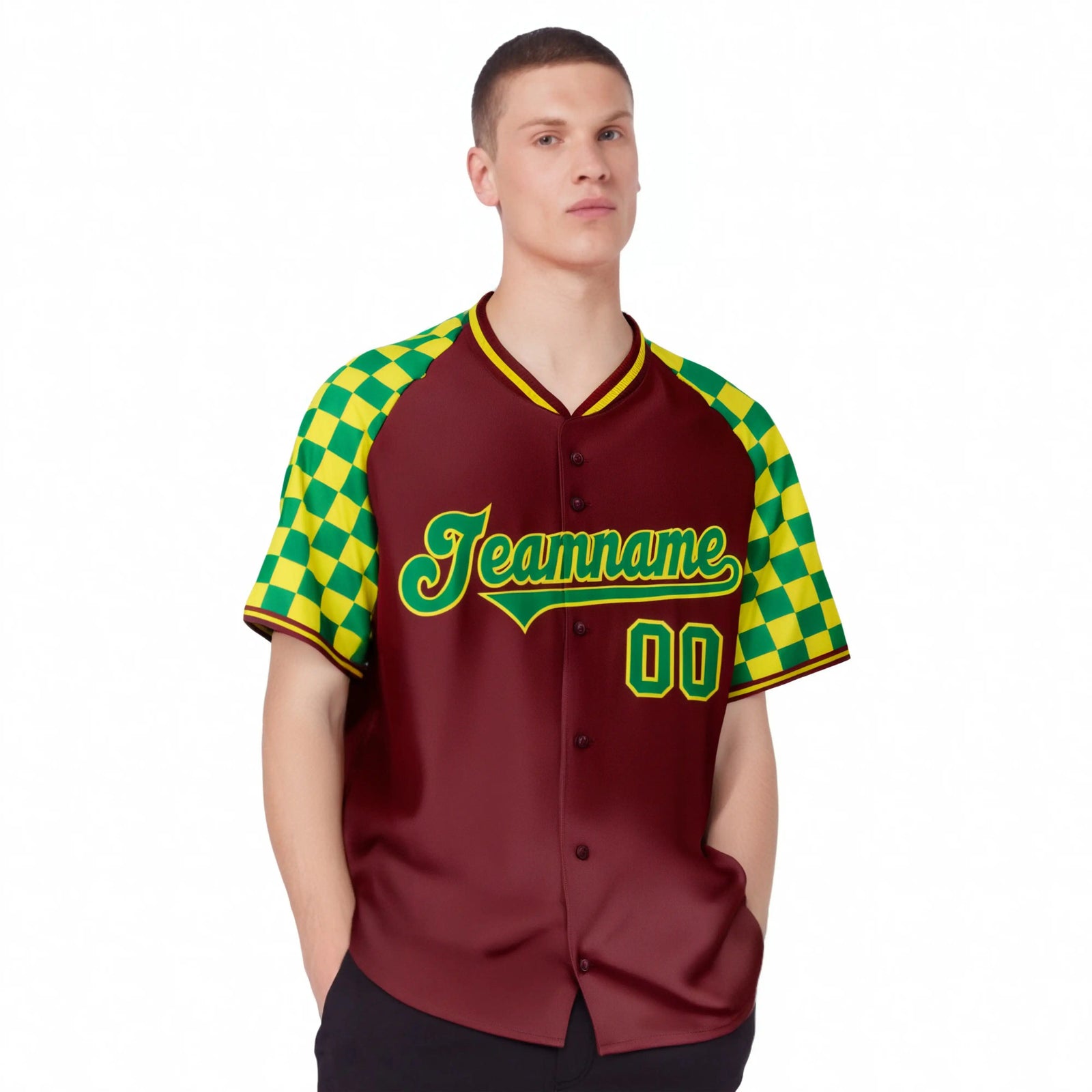 Custom Crimson Kelly Green-Gold Authentic Plaid Sleeve Baseball Jersey
