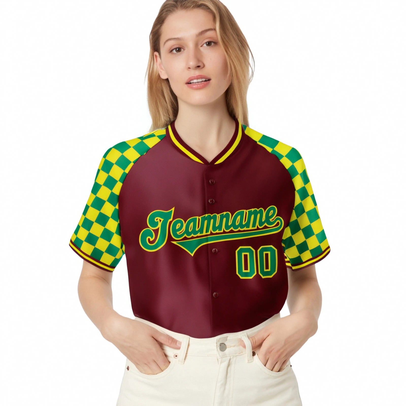 Custom Crimson Kelly Green-Gold Authentic Plaid Sleeve Baseball Jersey