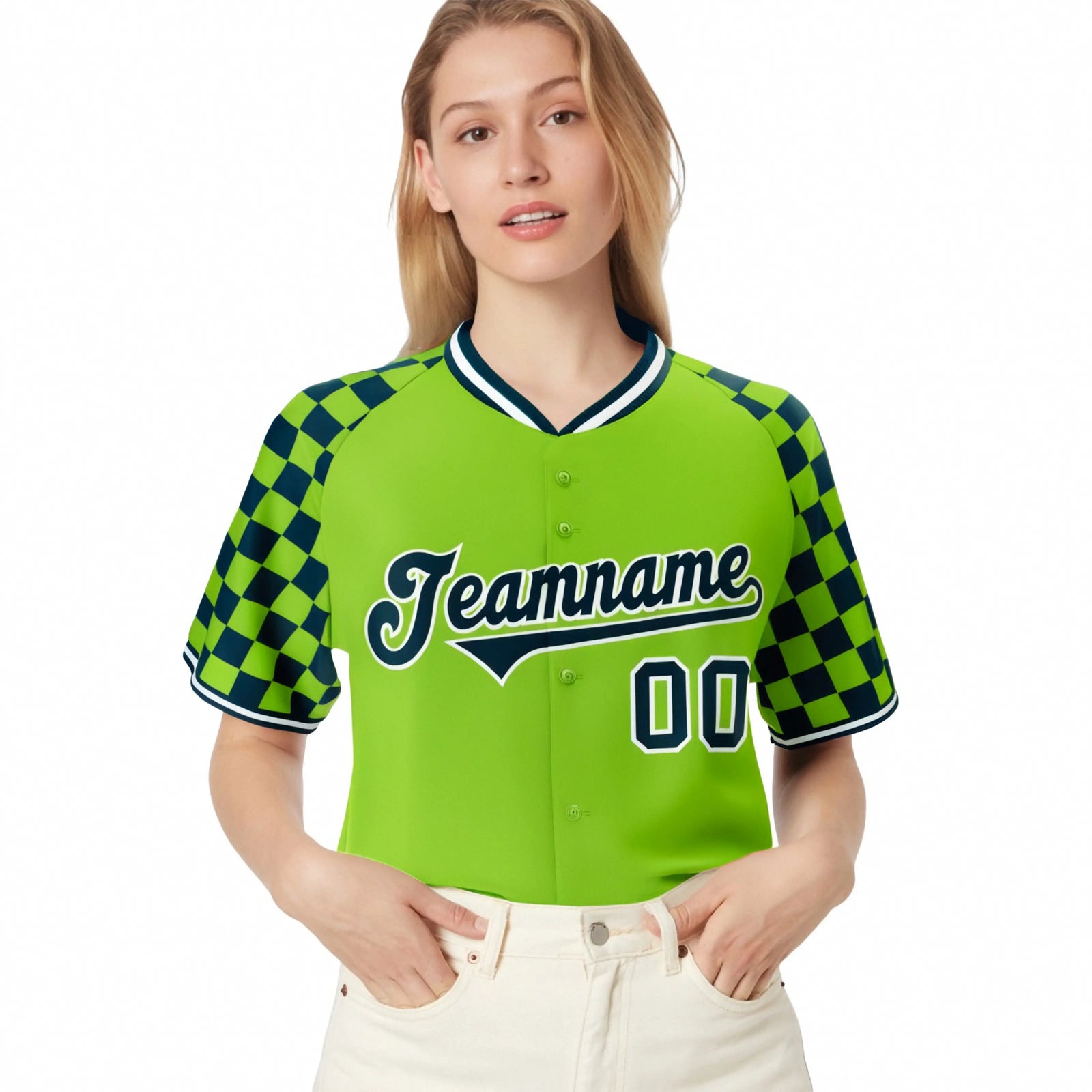 Custom Neon Green Navy-White Authentic Plaid Sleeve Baseball Jersey