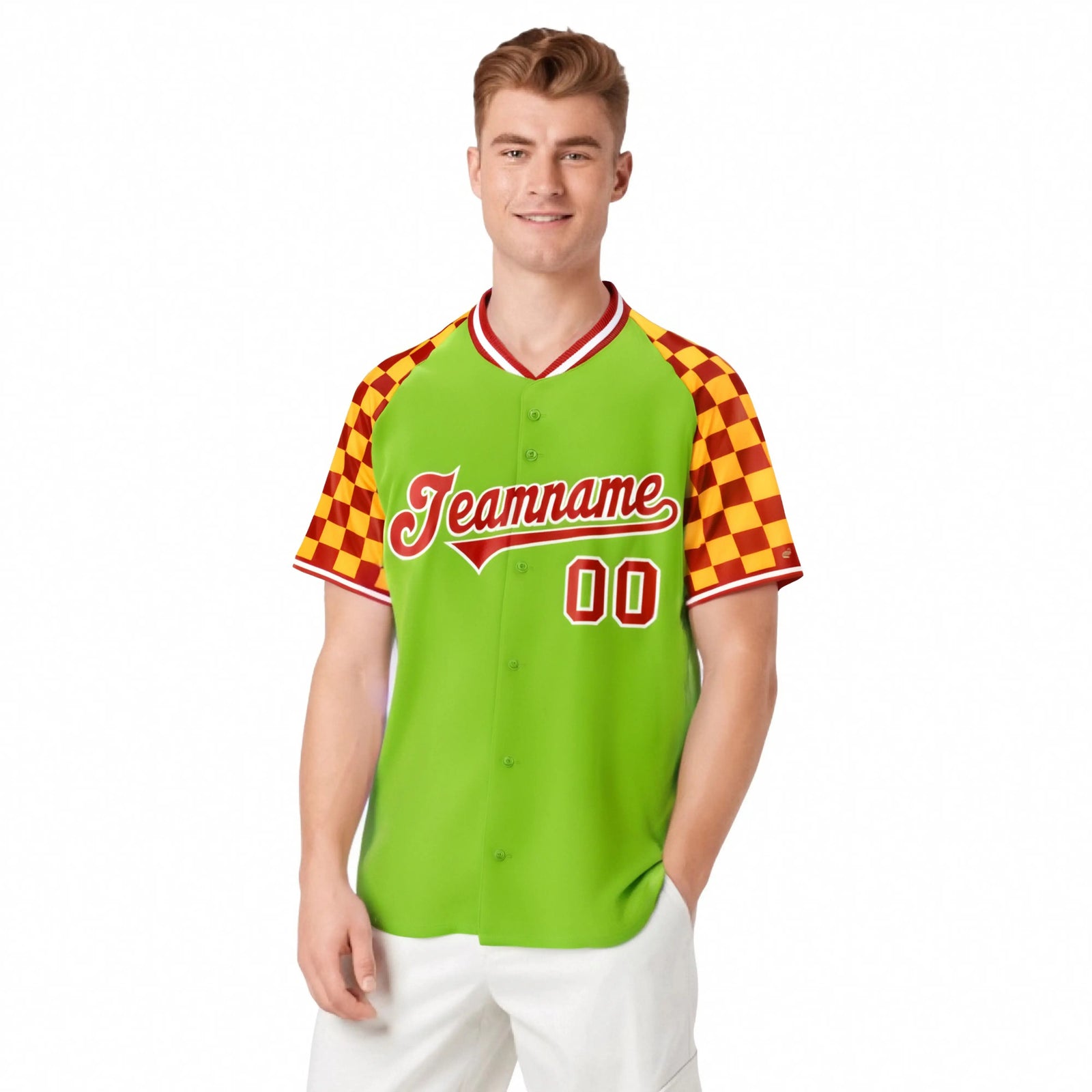 Custom Neon Green Red-Gold Authentic Plaid Sleeve Baseball Jersey