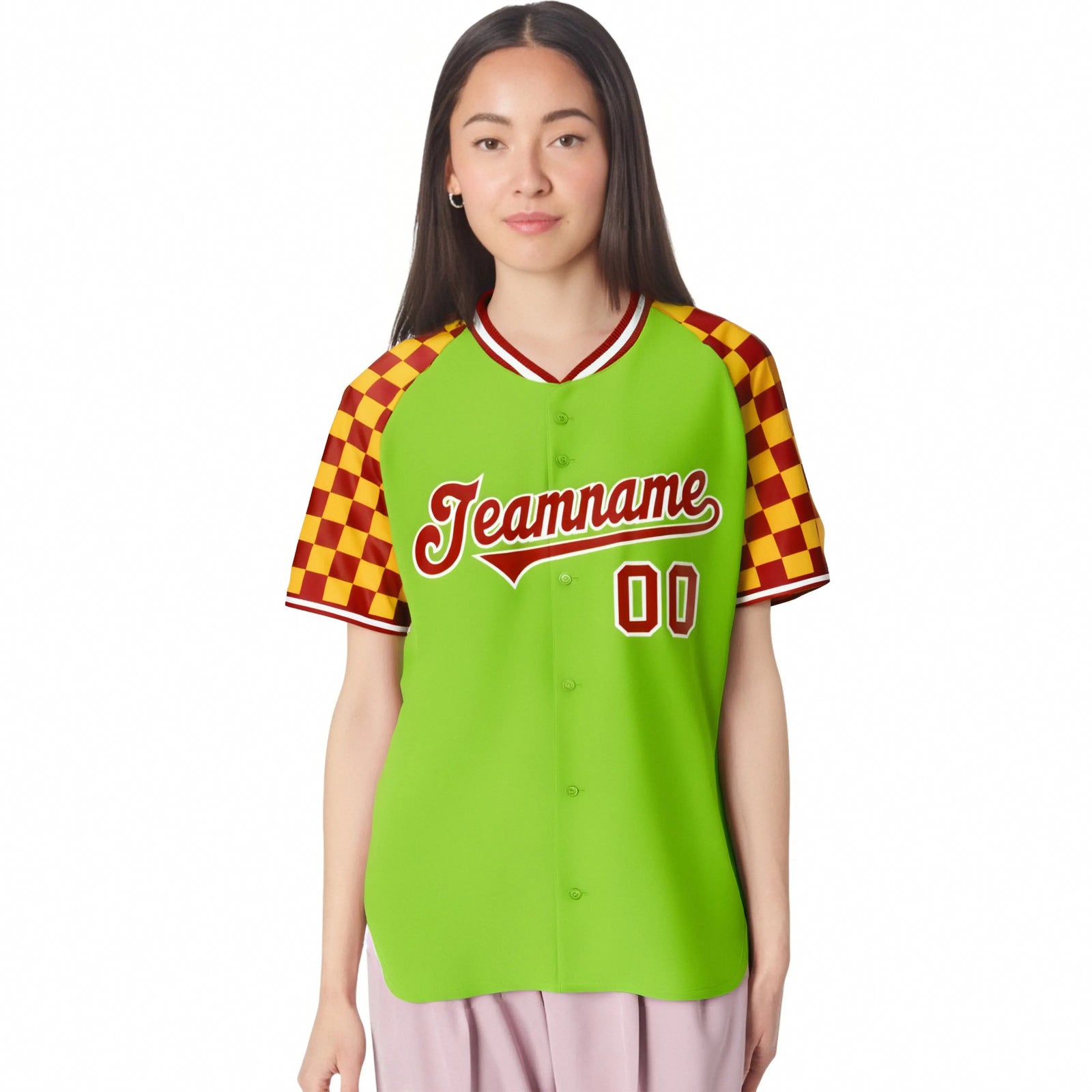 Custom Neon Green Red-Gold Authentic Plaid Sleeve Baseball Jersey