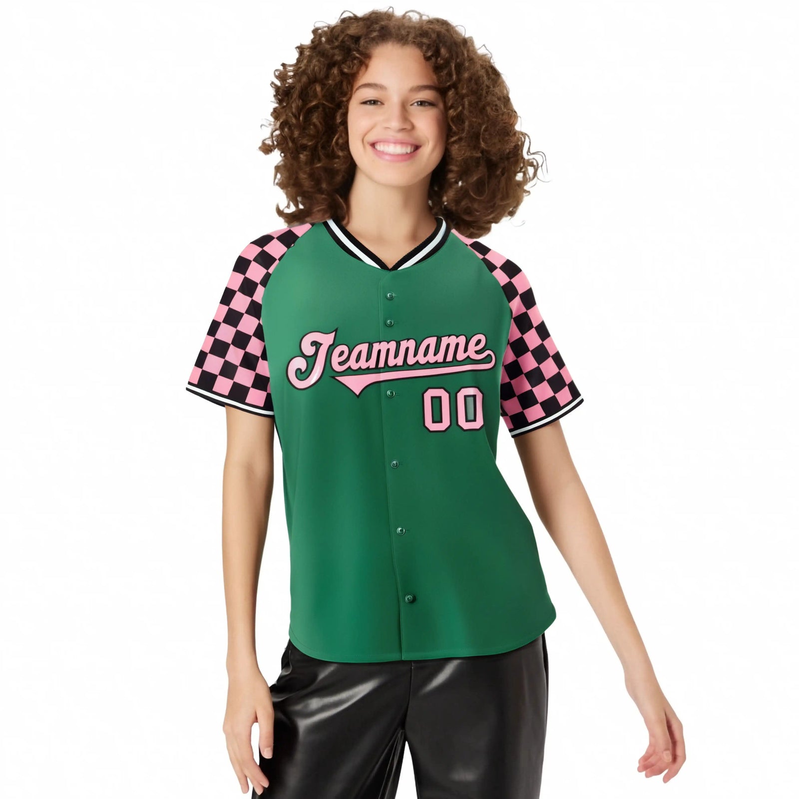 Custom Kelly Green-Light Pink Black Authentic Plaid sleeve Baseball Jersey