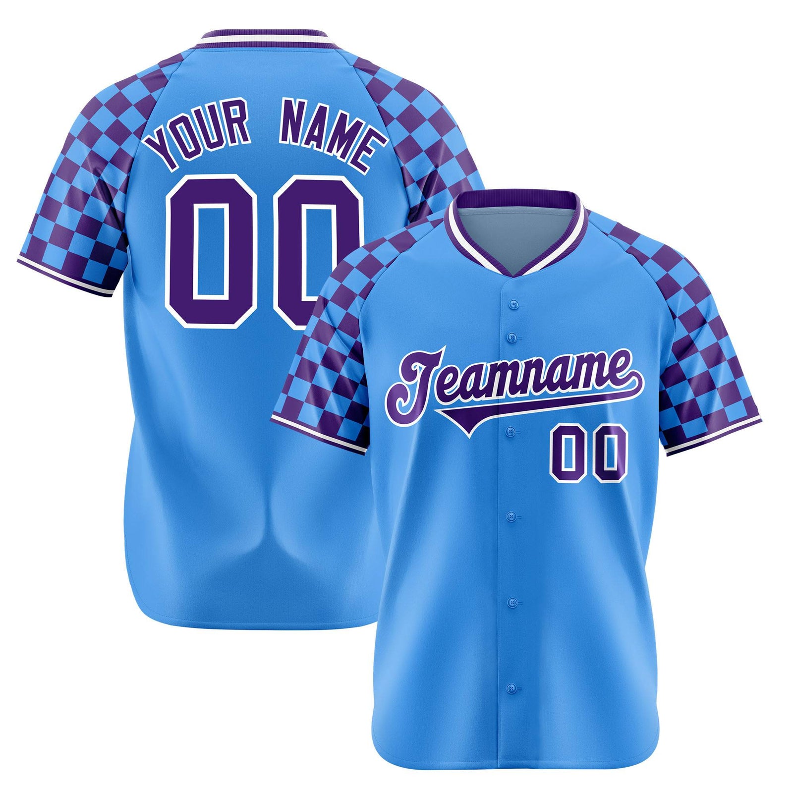 Custom Powder Blue Purple-White Authentic Plaid Sleeve Baseball Jersey