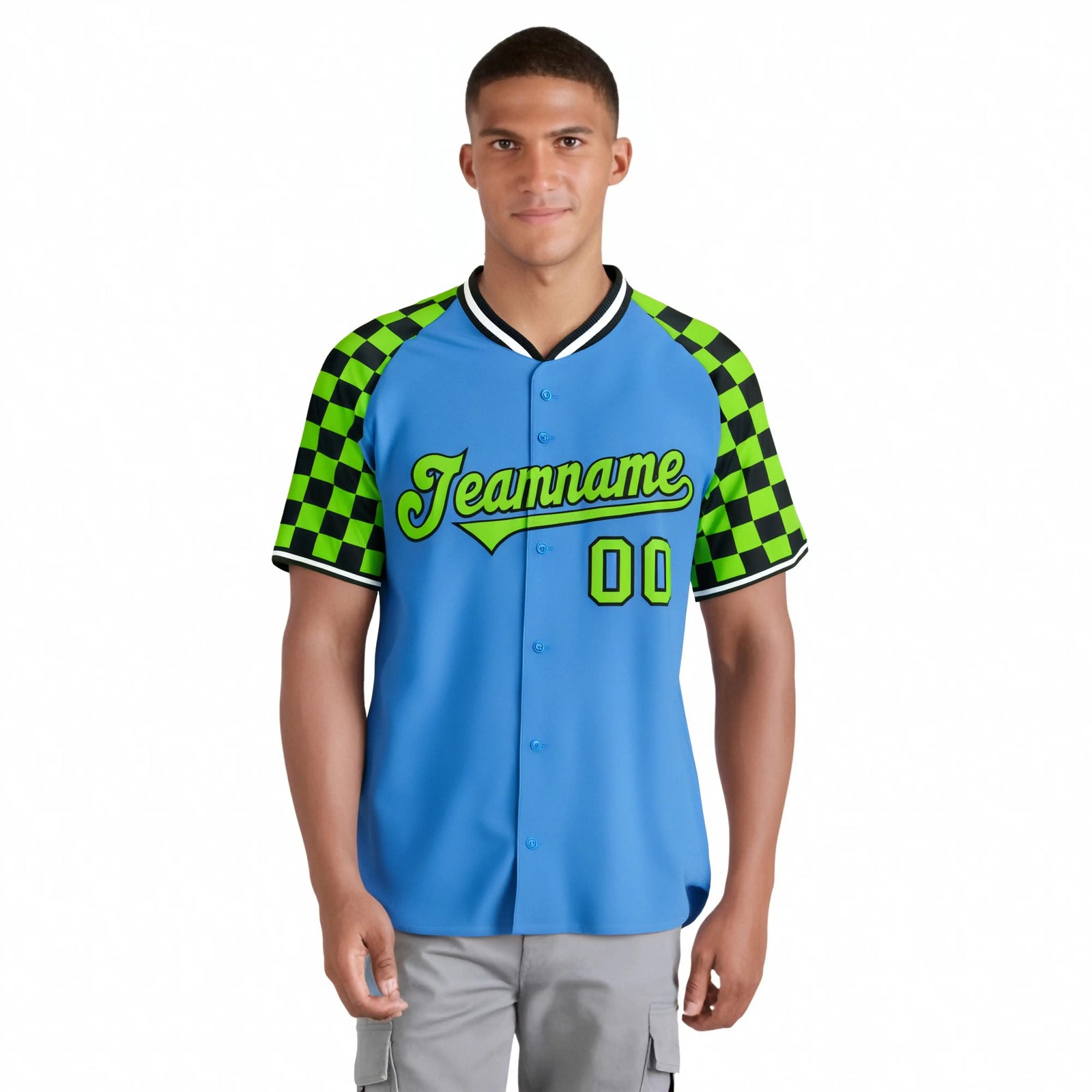 Custom Powder Blue-Neon Green Black Authentic Plaid Sleeve Baseball Jersey