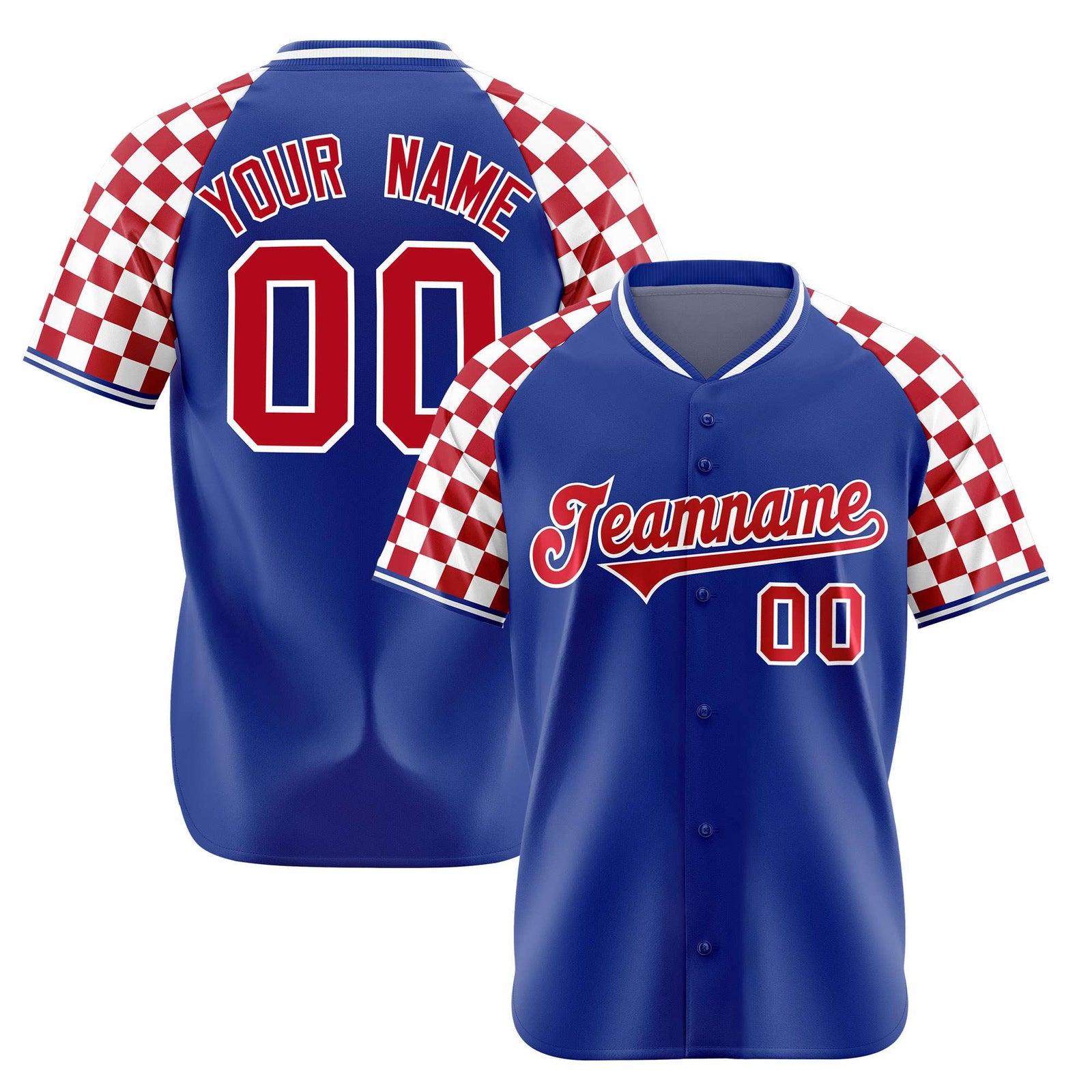 Custom Royal Blue Red-White Authentic Plaid Sleeve Baseball Jersey