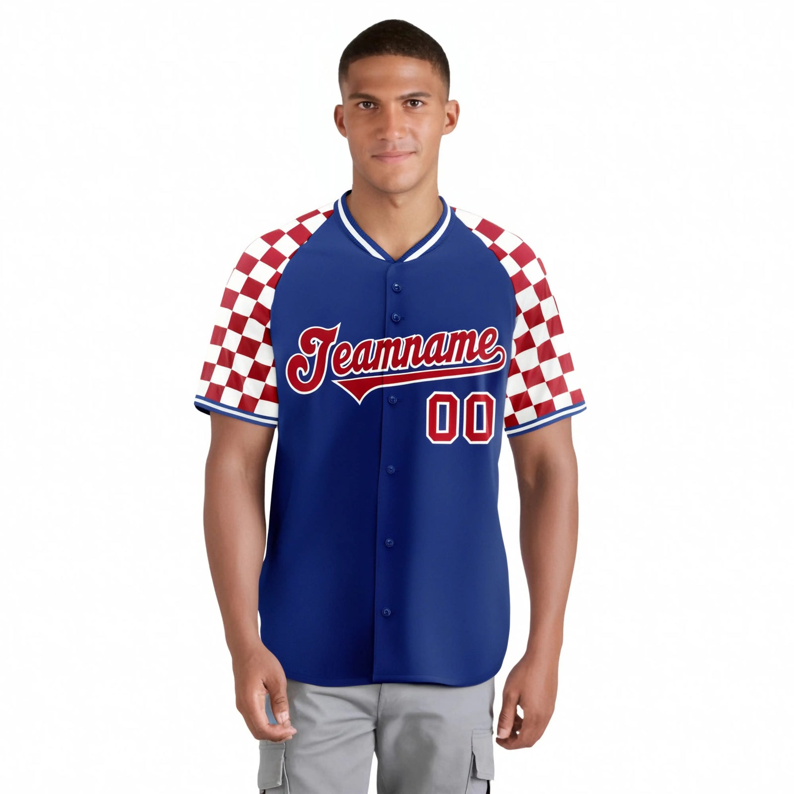 Custom Royal Blue Red-White Authentic Plaid Sleeve Baseball Jersey