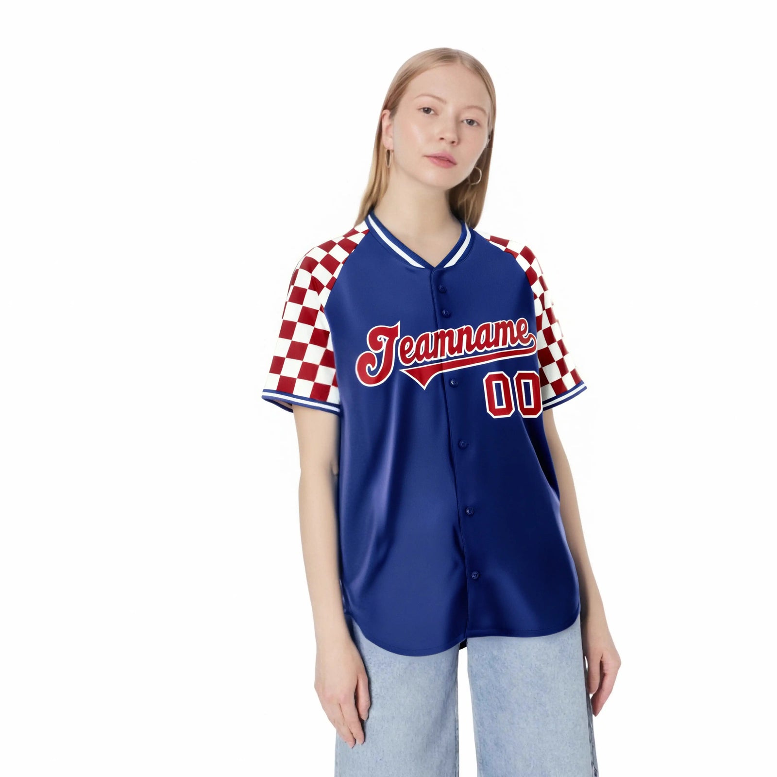 Custom Royal Blue Red-White Authentic Plaid Sleeve Baseball Jersey