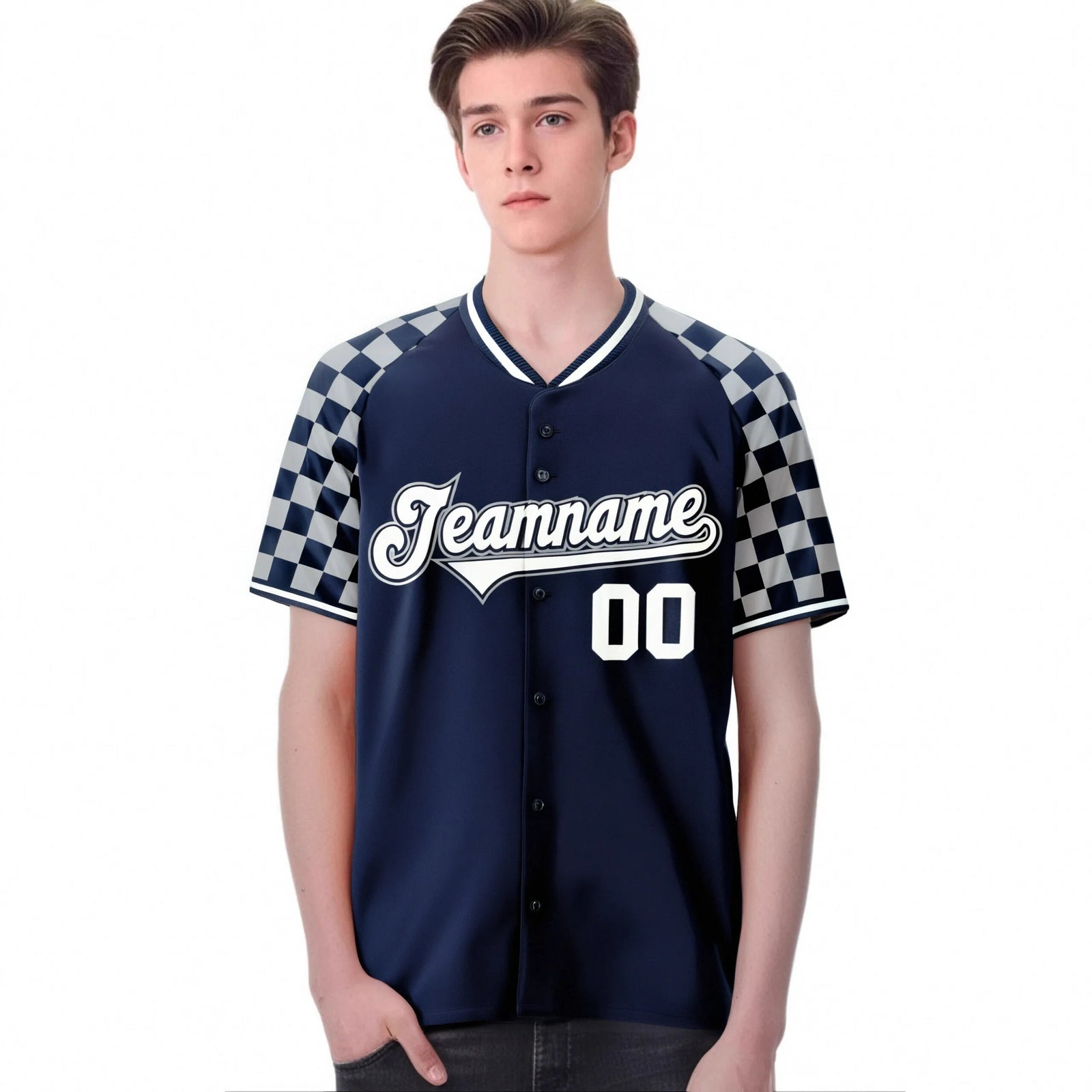 Custom Navy White-Gray Authentic Plaid Sleeve Baseball Jersey