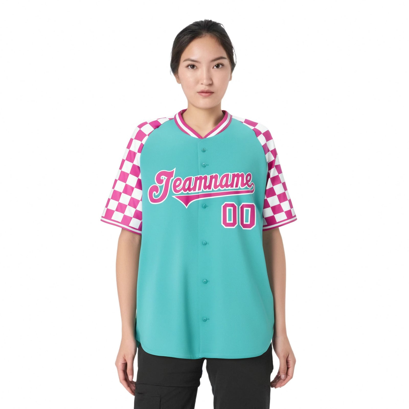 Custom Bright Green Pink-White Authentic Plaid Sleeve Baseball Jersey