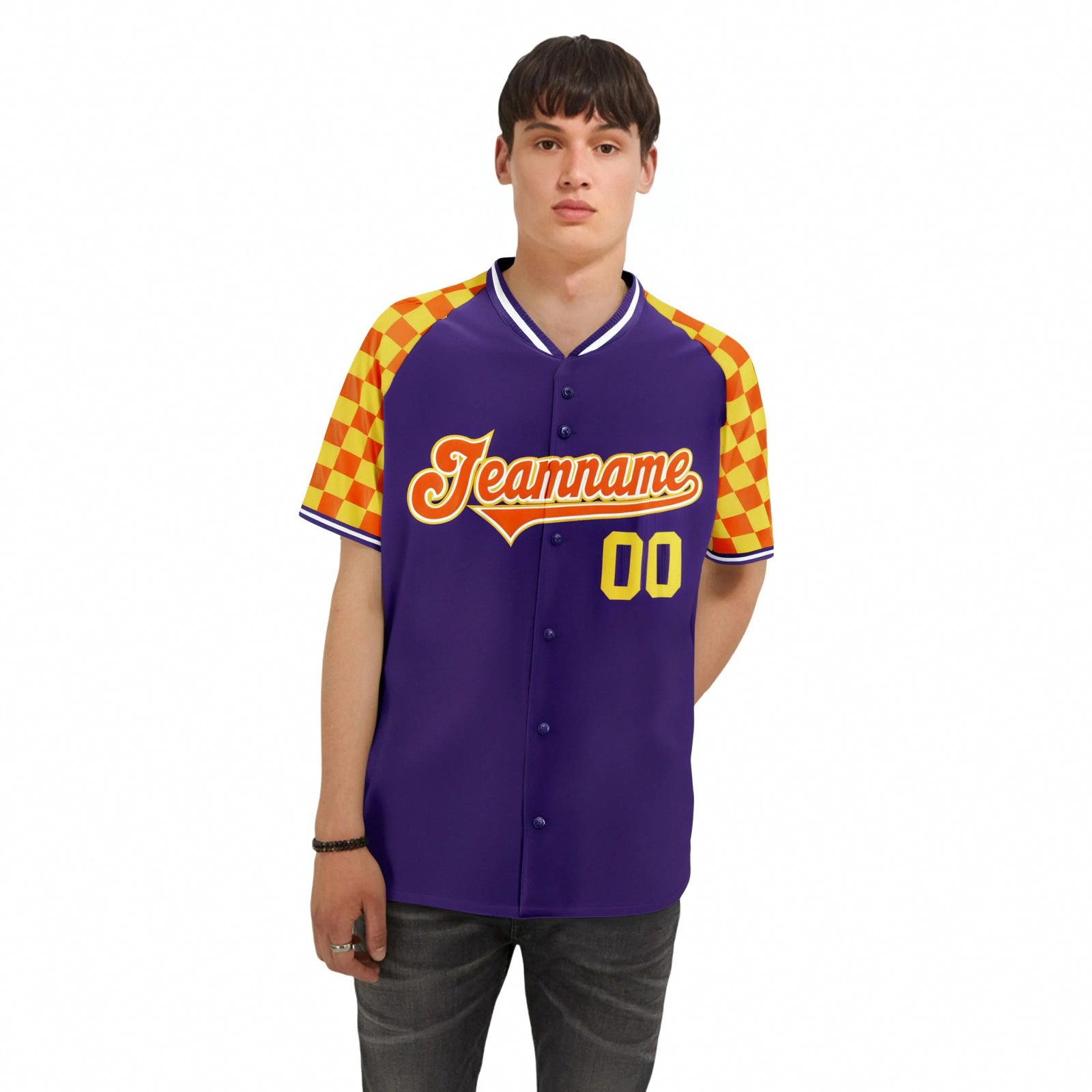 Custom Purple Orange-Gold Authentic Plaid Sleeve Baseball Jersey