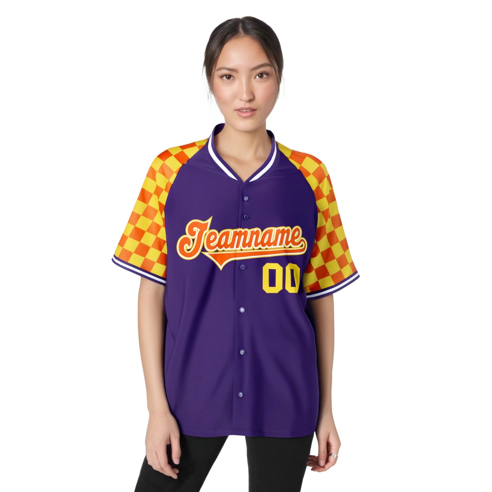 Custom Purple Orange-Gold Authentic Plaid Sleeve Baseball Jersey