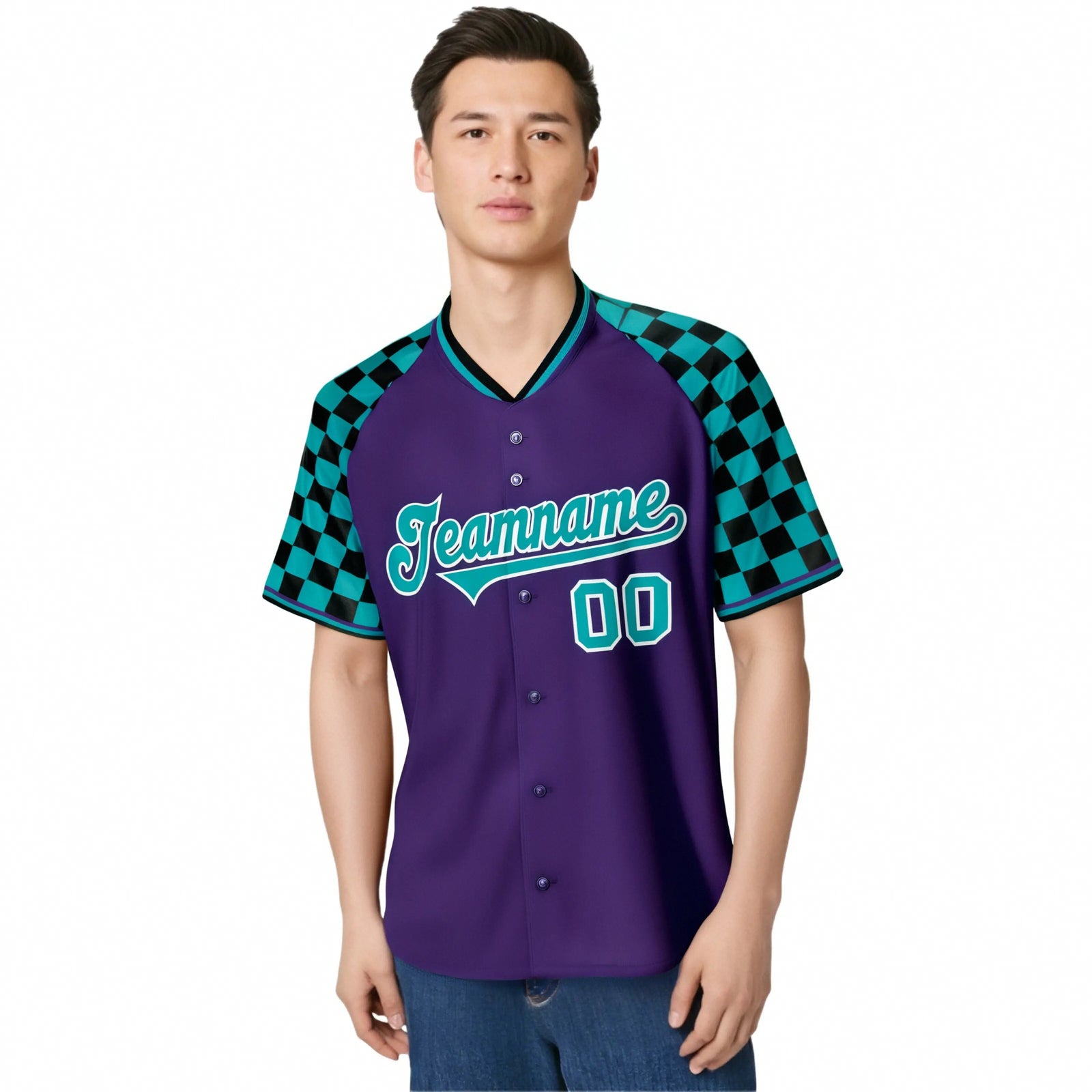 Custom Purple Aqua-Black Authentic Plaid Sleeve Baseball Jersey