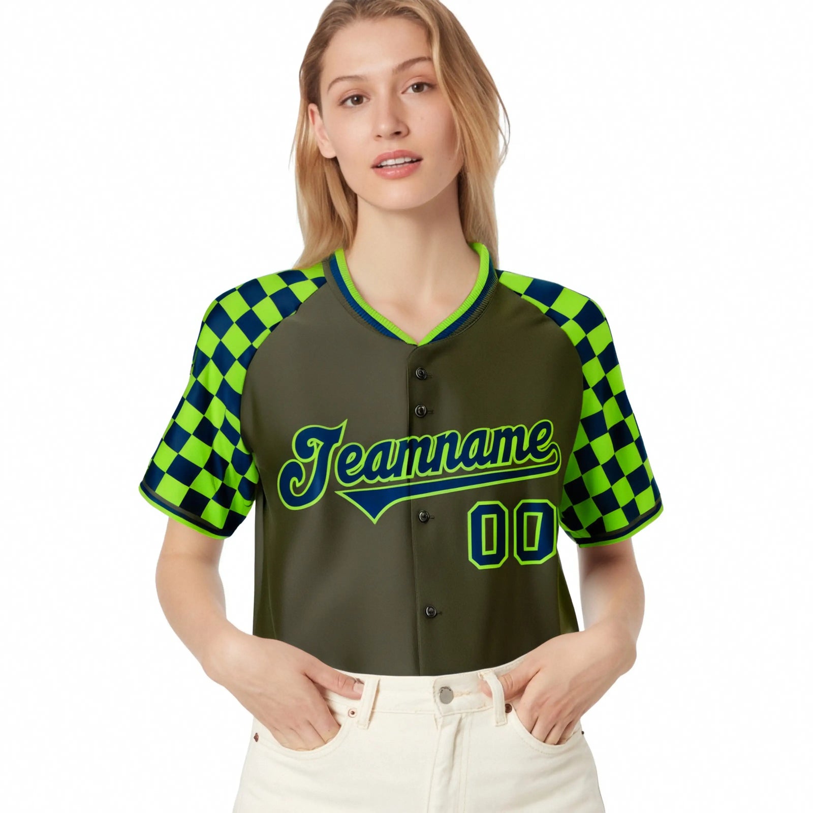 Custom Olive Neon Green-Navy Authentic Plaid Sleeve Baseball Jersey