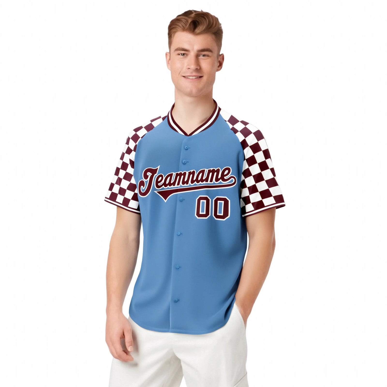 Custom Light Blue Crimson-White Authentic Plaid Sleeve Baseball Jersey