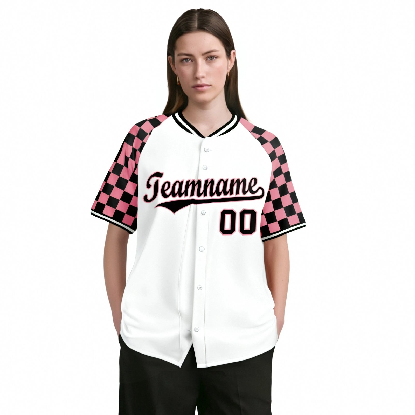 Custom White Light Pink-Black Authentic Plaid sleeve Baseball Jersey