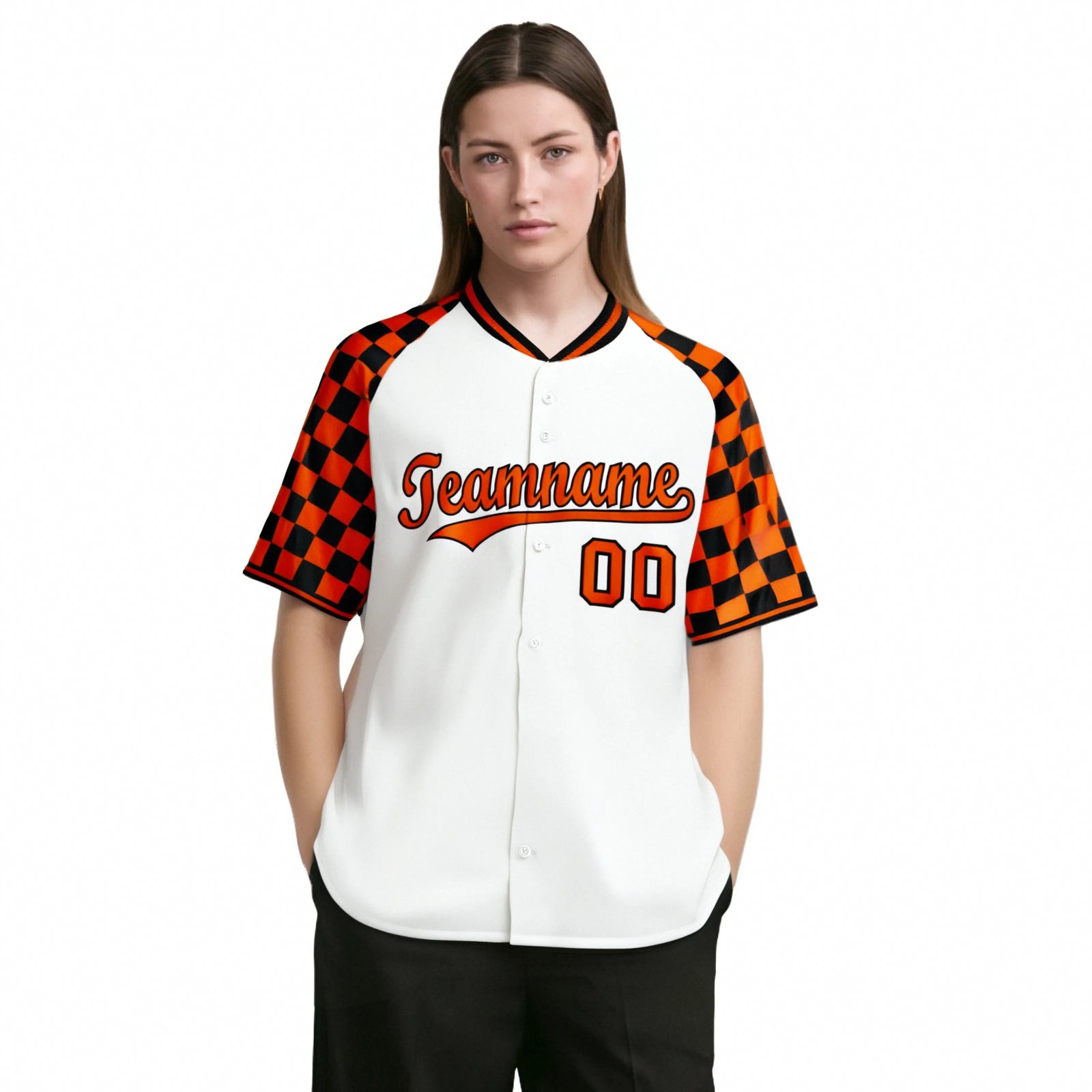 Custom White Orange-Black Authentic Plaid sleeve Baseball Jersey